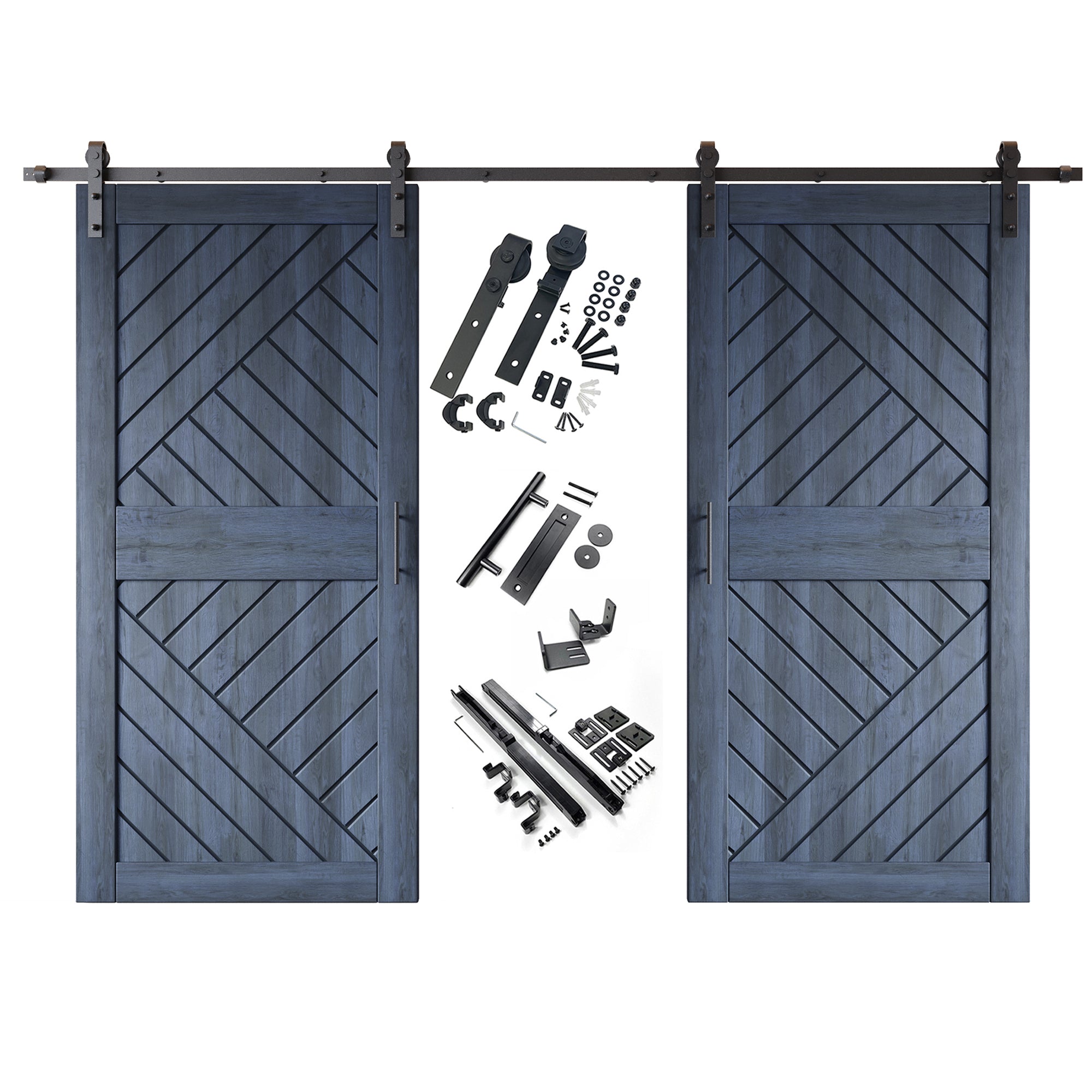 84" Height Navy Geometric Design Unassembled & Finished Double Pine Wood Barn Door with Non-Bypass Installation Hardware Kit(Interior Use Only)