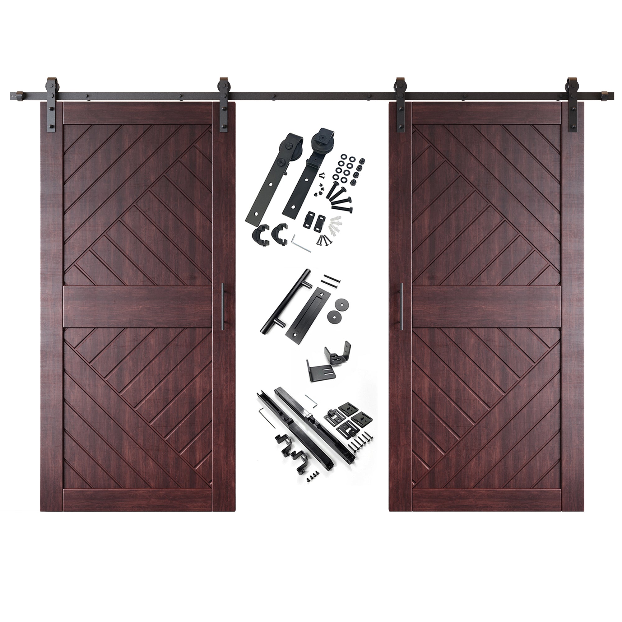 84" Height Red Mahogany Geometric Design Unassembled & Finished Double Pine Wood Barn Door with Non-Bypass Installation Hardware Kit(Interior Use Only)