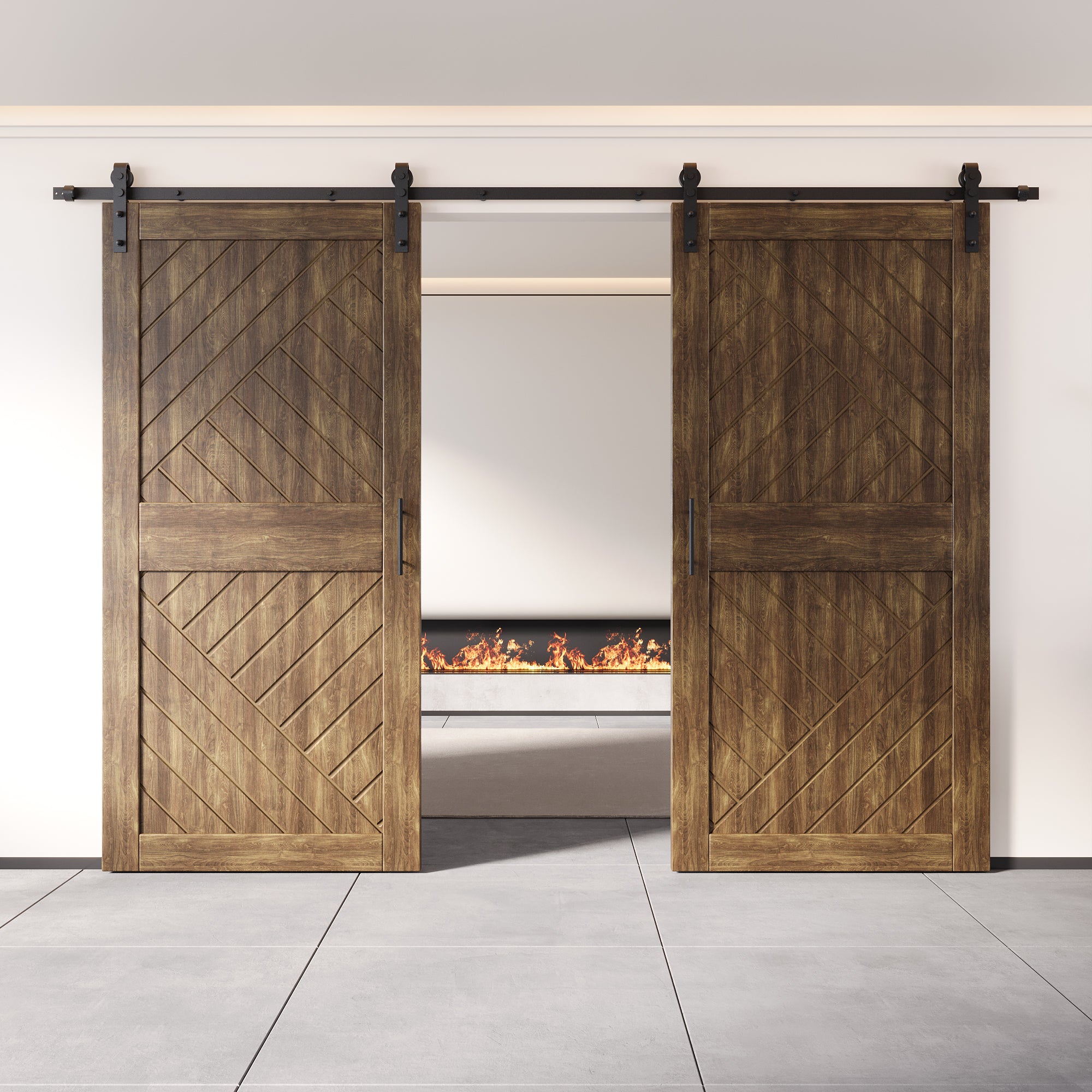 84" Height Dark Walnut Geometric Design Unassembled & Finished Double Pine Wood Barn Door with Non-Bypass Installation Hardware Kit(Interior Use Only)