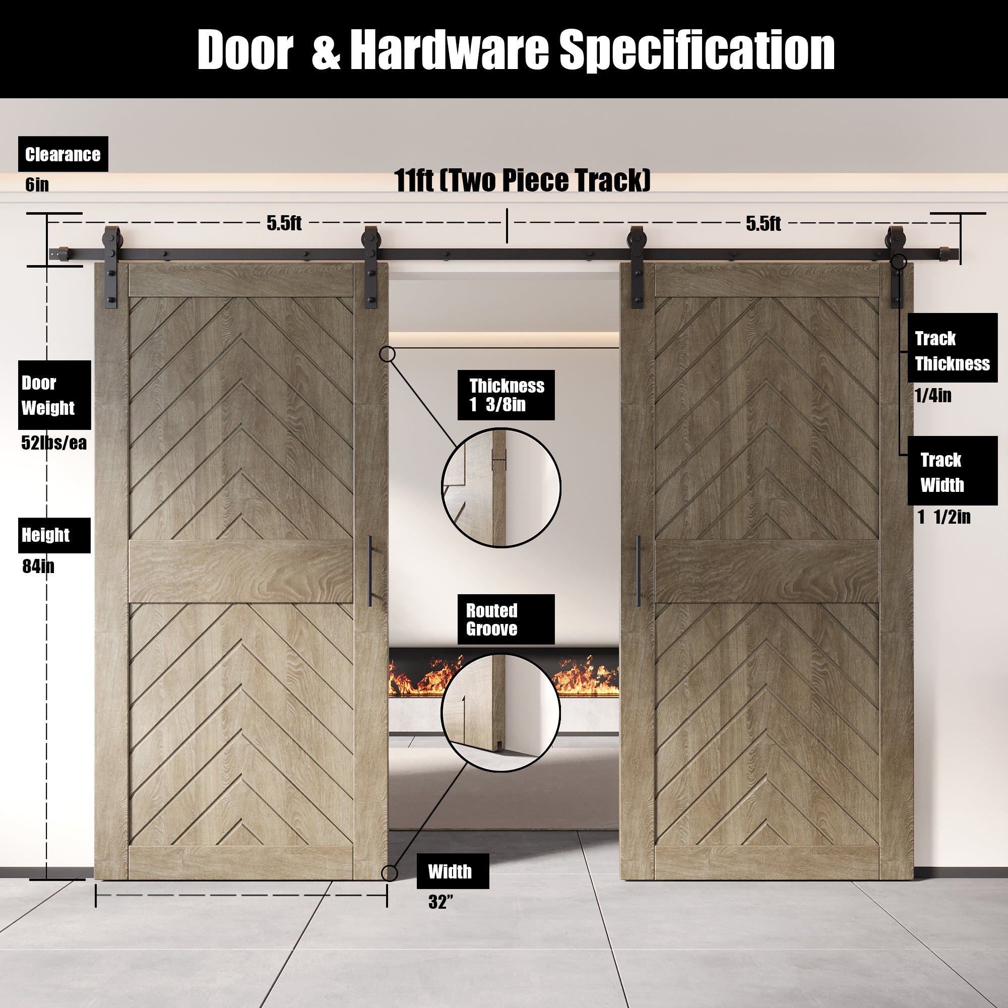 sliding barn door hardware kit with two doors pine wood barn door gray fishbone design