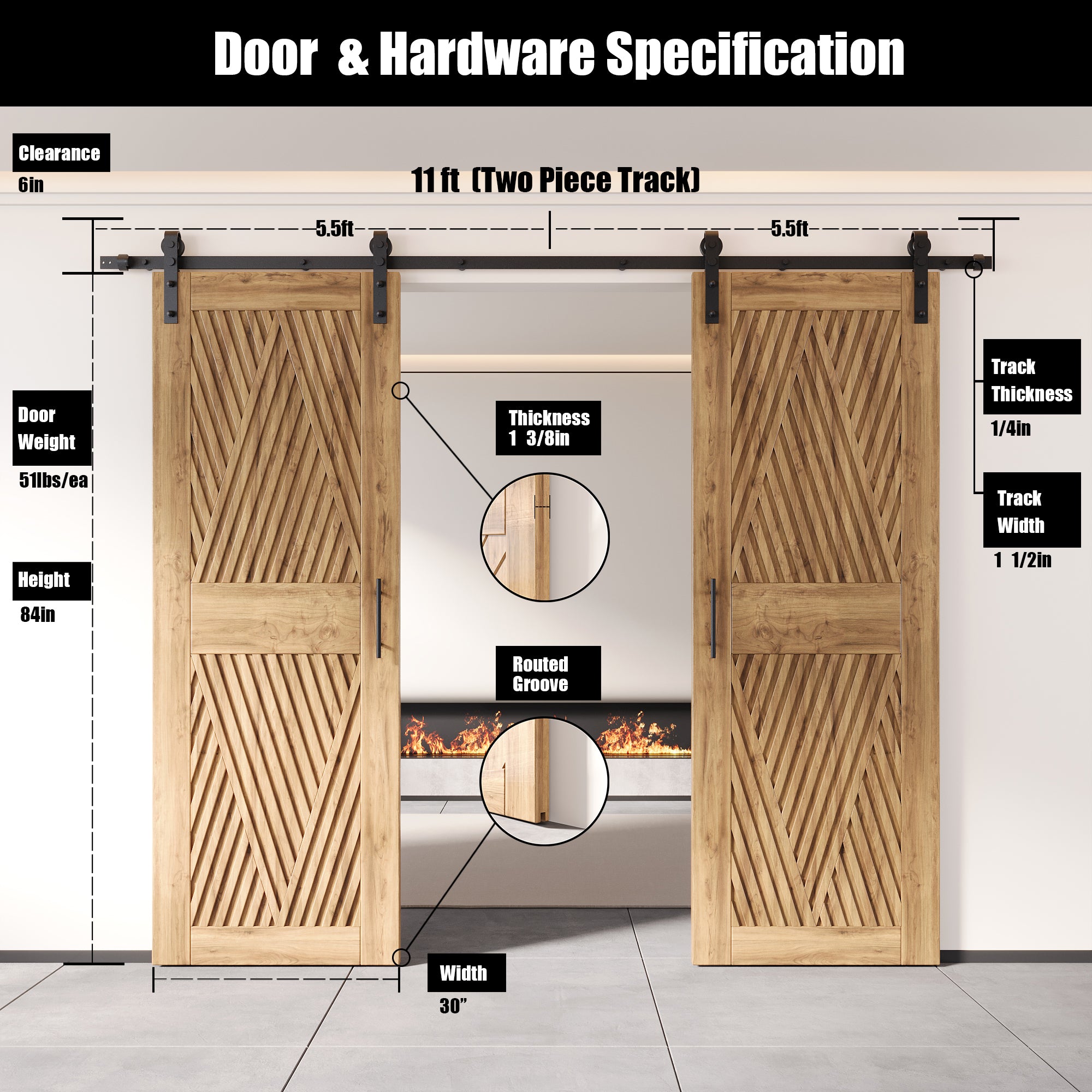 84" Height Diamond Design Unassembled & Unfinished Double Pine Wood Barn Door with Non-Bypass Installation Hardware Kit(Interior Use Only)
