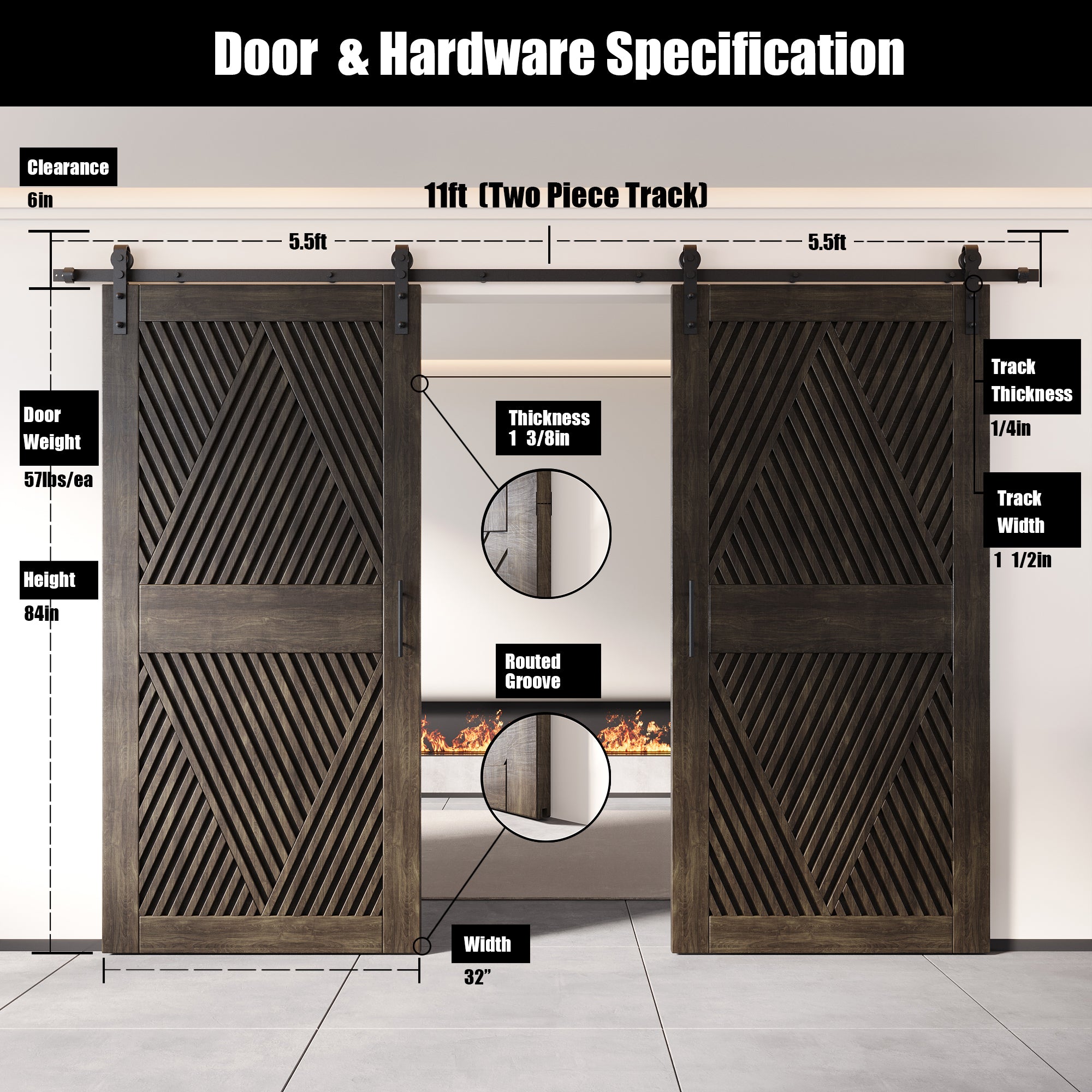 84" Height Ebony Diamond Design Unassembled & Finished Double Pine Wood Barn Door with Non-Bypass Installation Hardware Kit(Interior Use Only)
