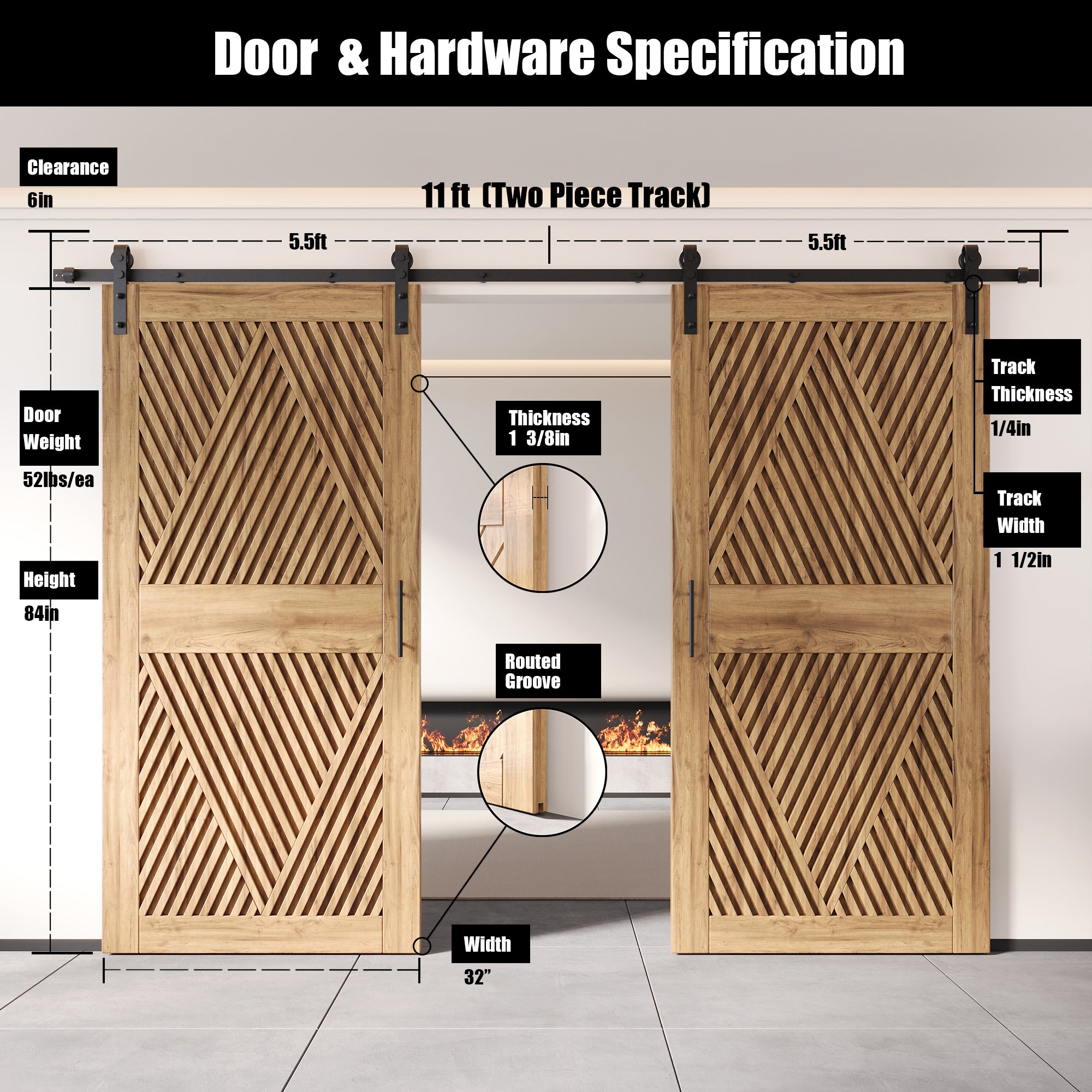 84" Height Diamond Design Unassembled & Unfinished Double Pine Wood Barn Door with Non-Bypass Installation Hardware Kit(Interior Use Only)
