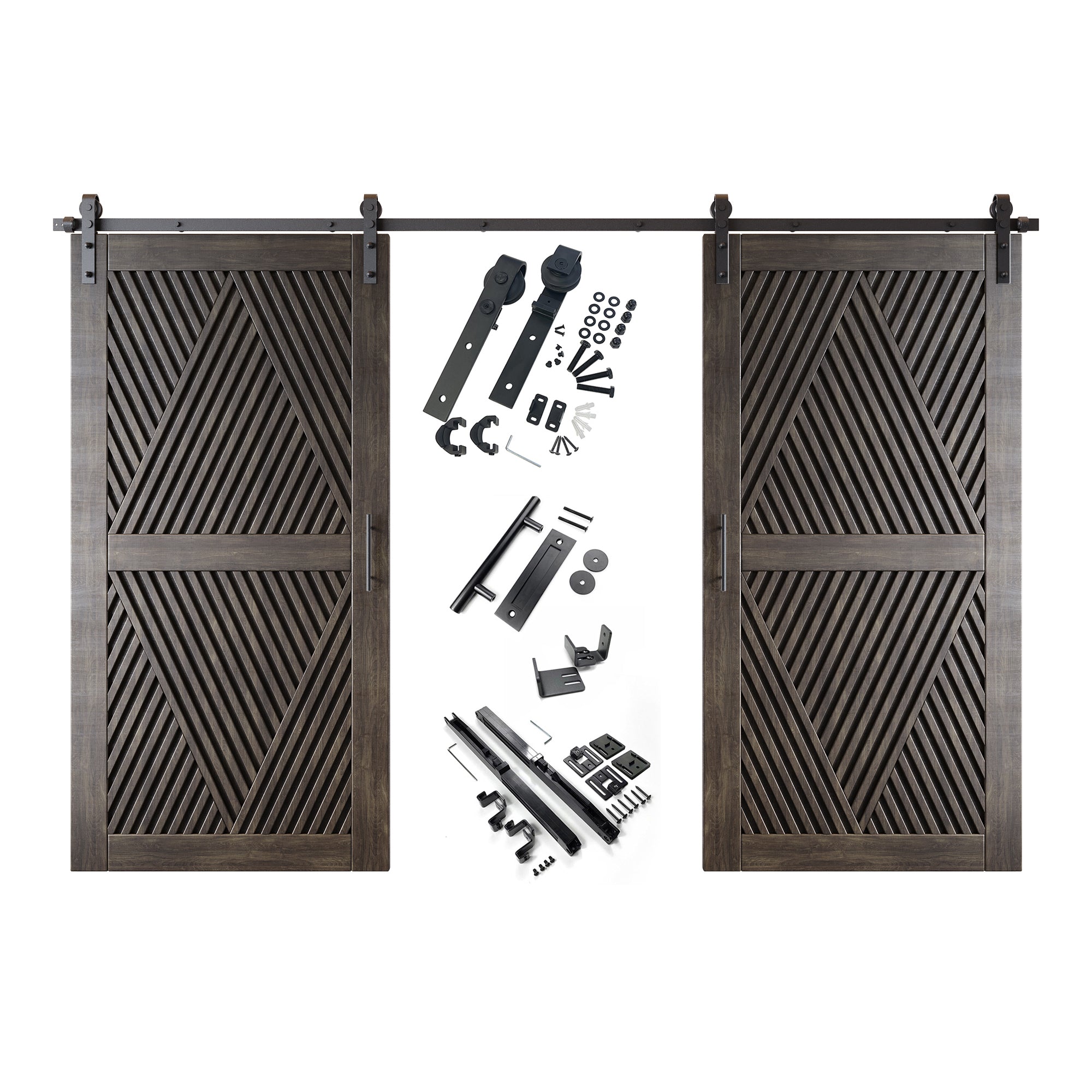 80" Height Ebony Diamond Design Unassembled & Finished Double Pine Wood Barn Door with Non-Bypass Installation Hardware Kit(Interior Use Only)
