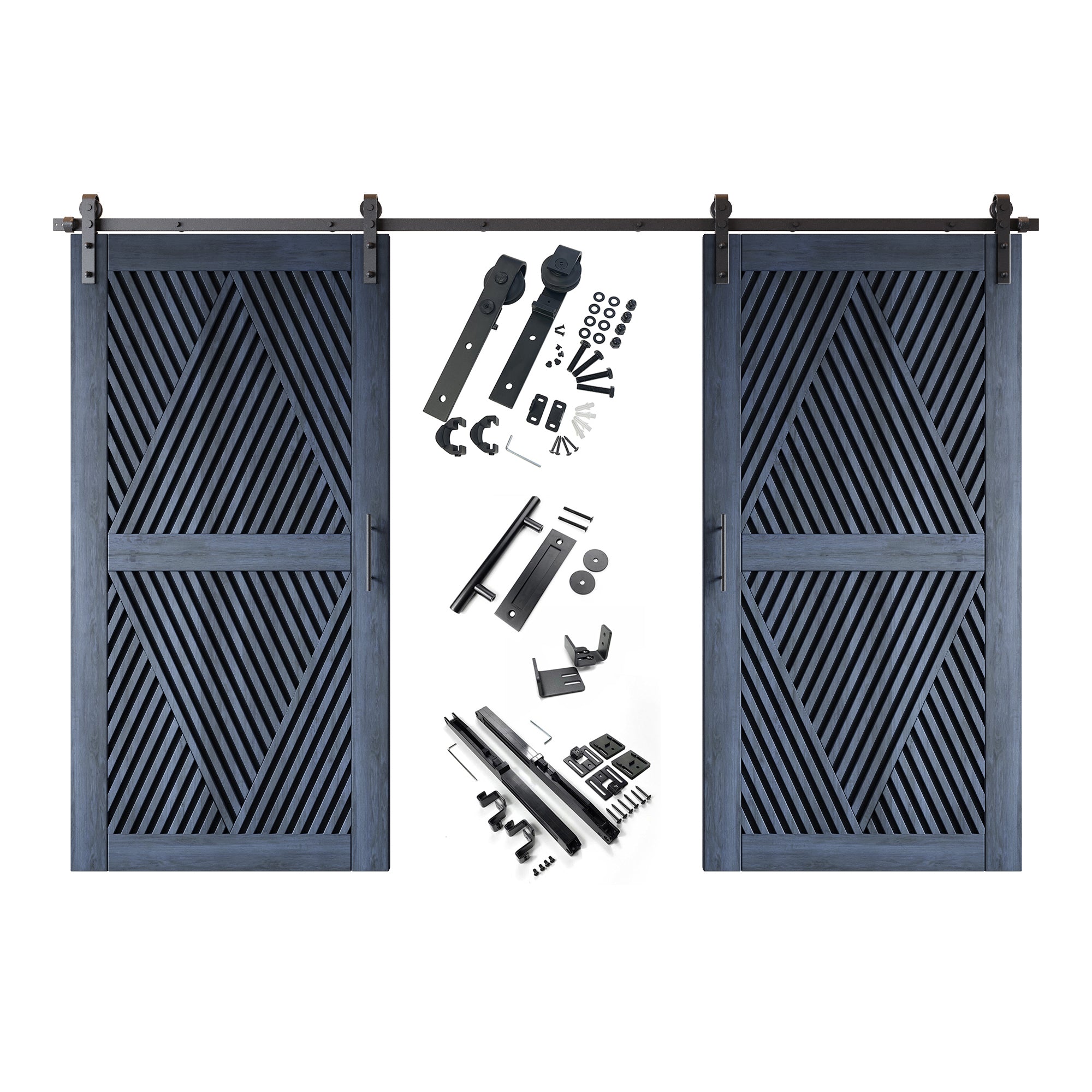 80" Height Navy Diamond Design Unassembled & Finished Double Pine Wood Barn Door with Non-Bypass Installation Hardware Kit(Interior Use Only)