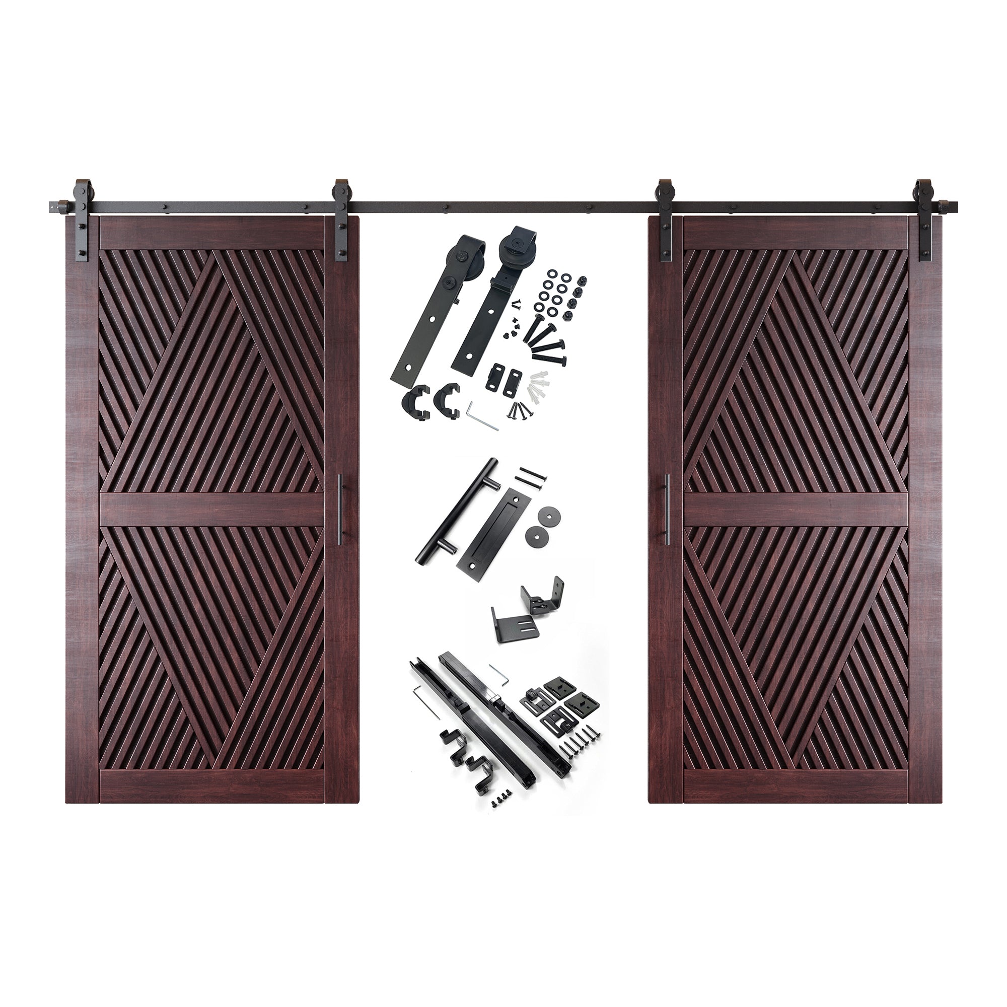 80" Height Red Mahogany Diamond Design Unassembled & Finished Double Pine Wood Barn Door with Non-Bypass Installation Hardware Kit(Interior Use Only)