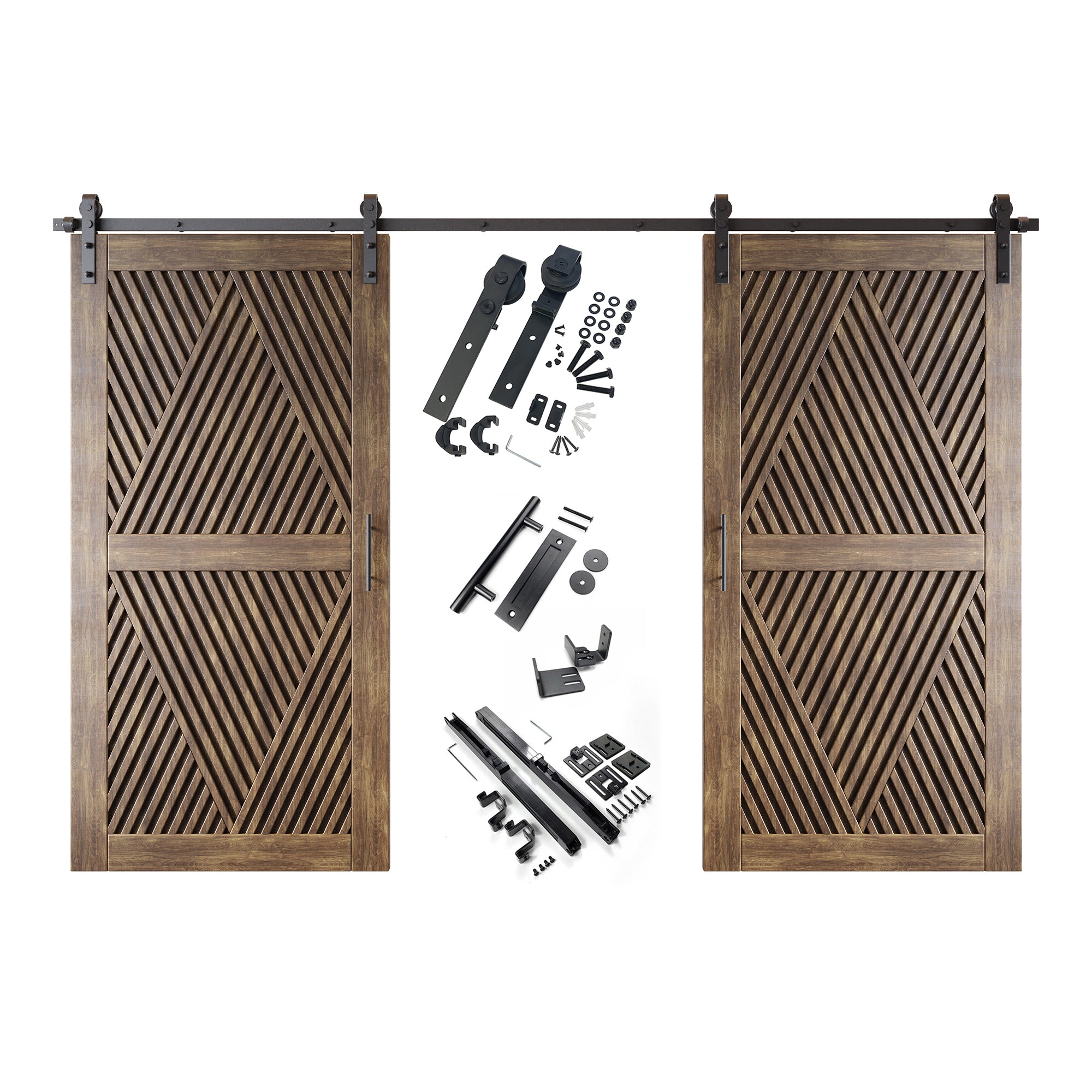80" Height Dark Walnut Diamond Design Unassembled & Finished Double Pine Wood Barn Door with Non-Bypass Installation Hardware Kit(Interior Use Only)