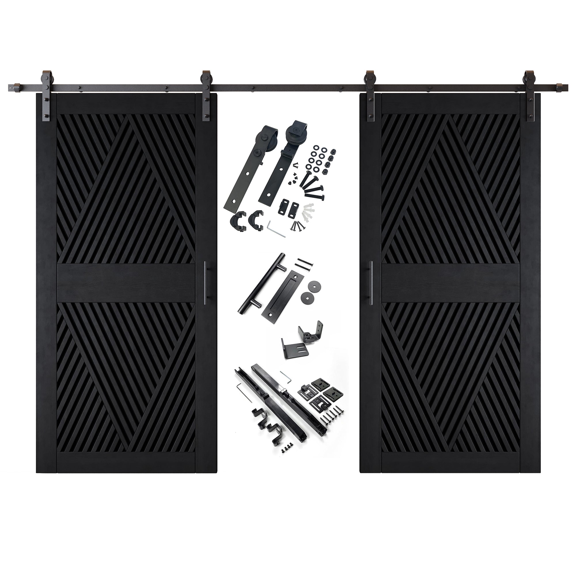 84" Height Black Diamond Design Unassembled & Finished Double Pine Wood Barn Door with Non-Bypass Installation Hardware Kit(Interior Use Only)