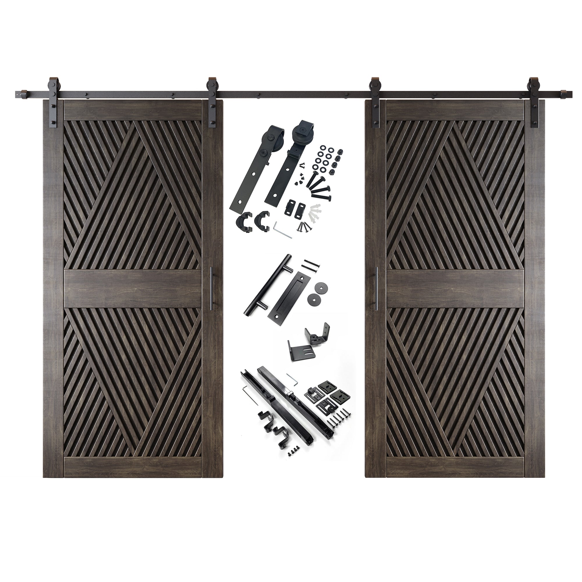 84" Height Ebony Diamond Design Unassembled & Finished Double Pine Wood Barn Door with Non-Bypass Installation Hardware Kit(Interior Use Only)