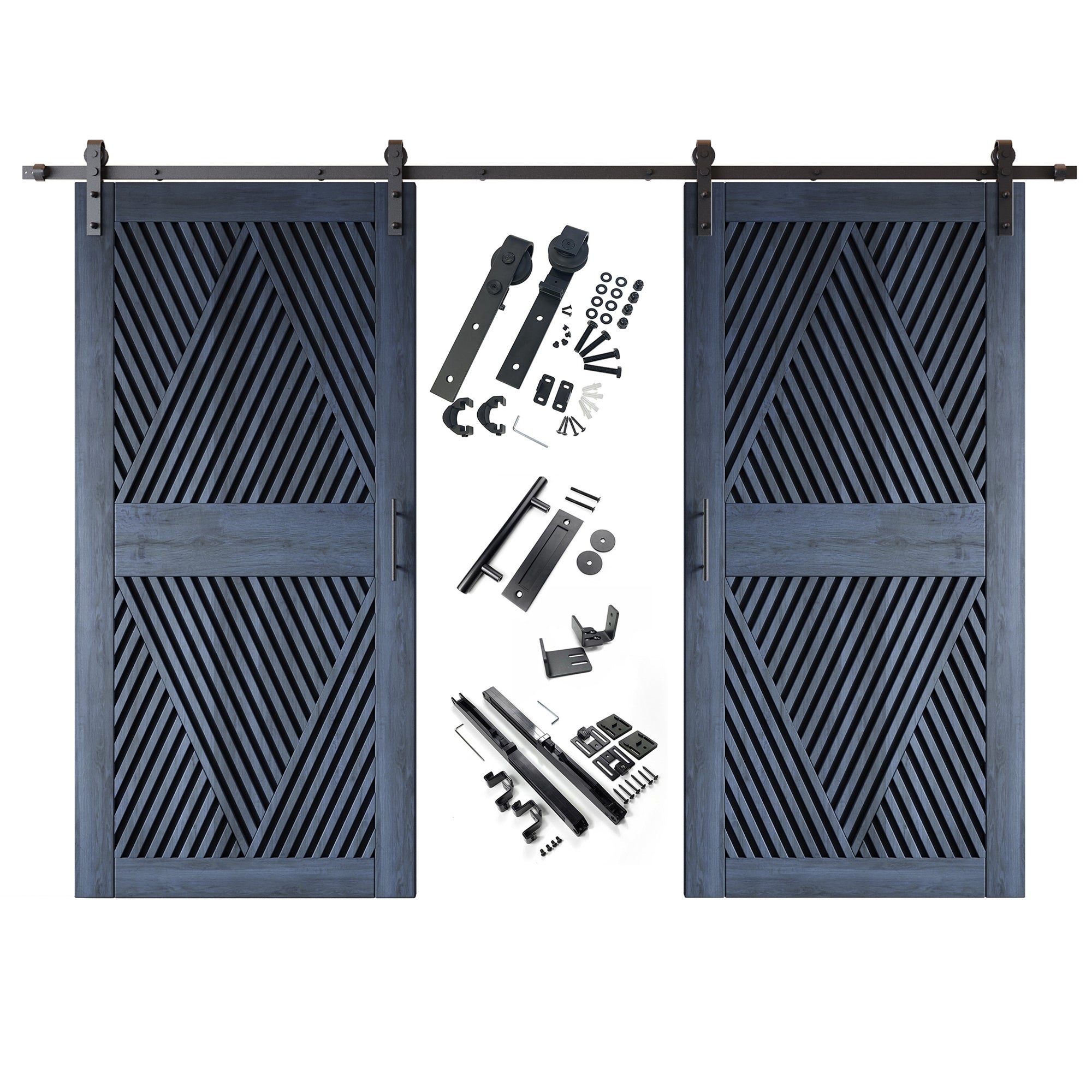 84" Height Navy Diamond Design Unassembled & Finished Double Pine Wood Barn Door with Non-Bypass Installation Hardware Kit(Interior Use Only)