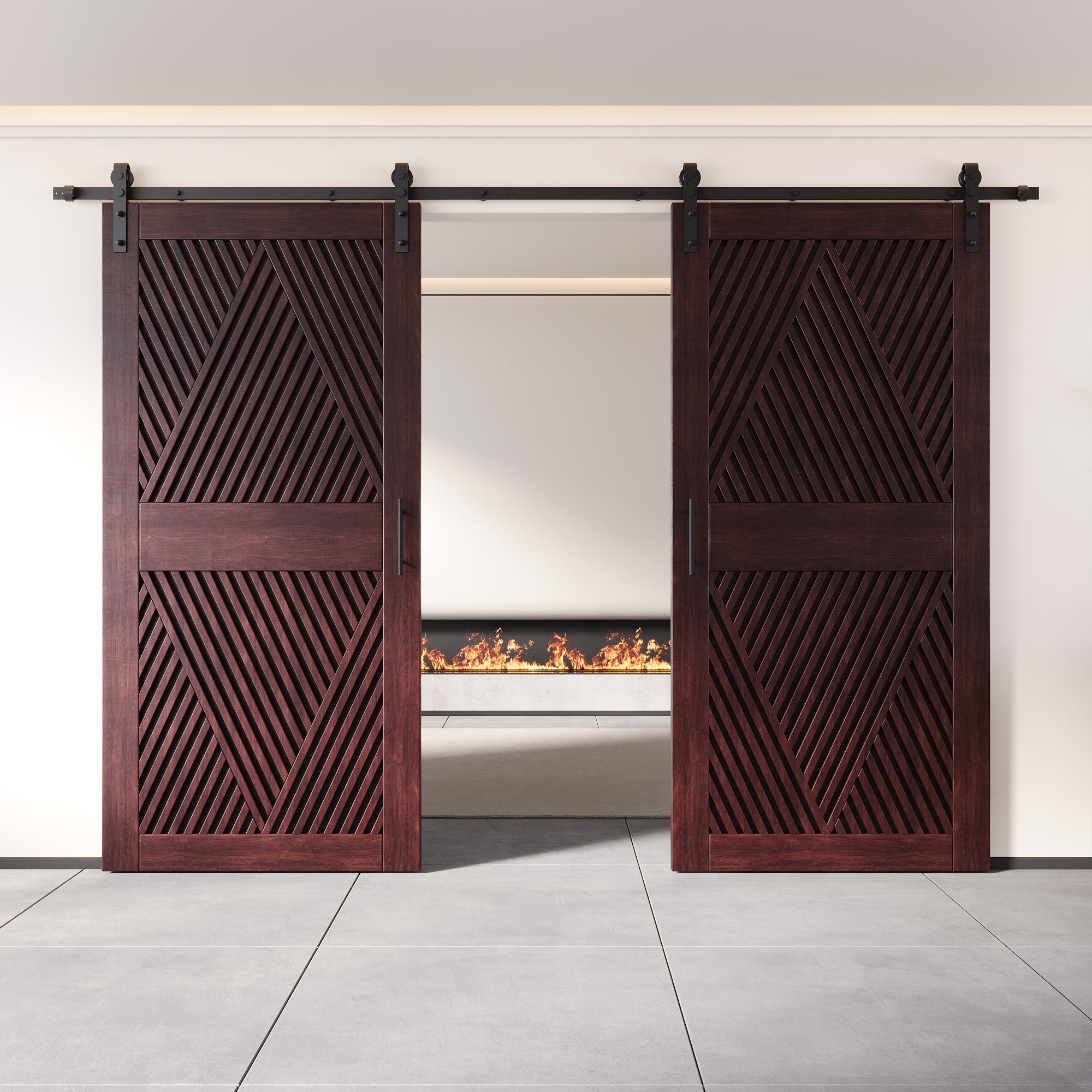 84" Height Red Mahogany Diamond Design Unassembled & Finished Double Pine Wood Barn Door with Non-Bypass Installation Hardware Kit(Interior Use Only)