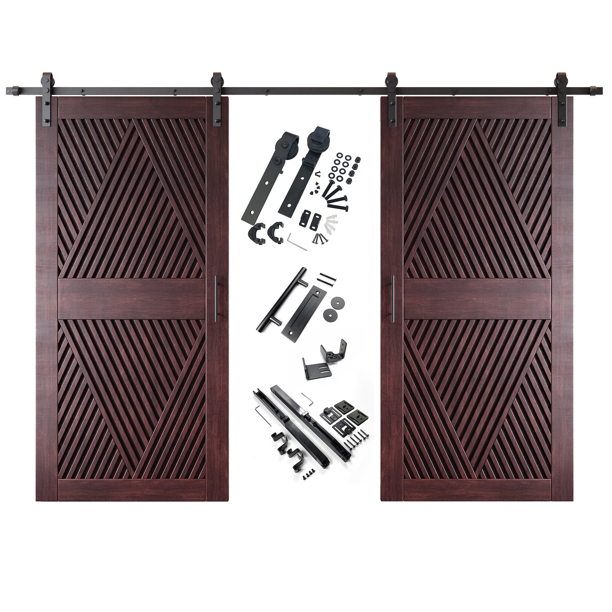 84" Height Red Mahogany Diamond Design Unassembled & Finished Double Pine Wood Barn Door with Non-Bypass Installation Hardware Kit(Interior Use Only)
