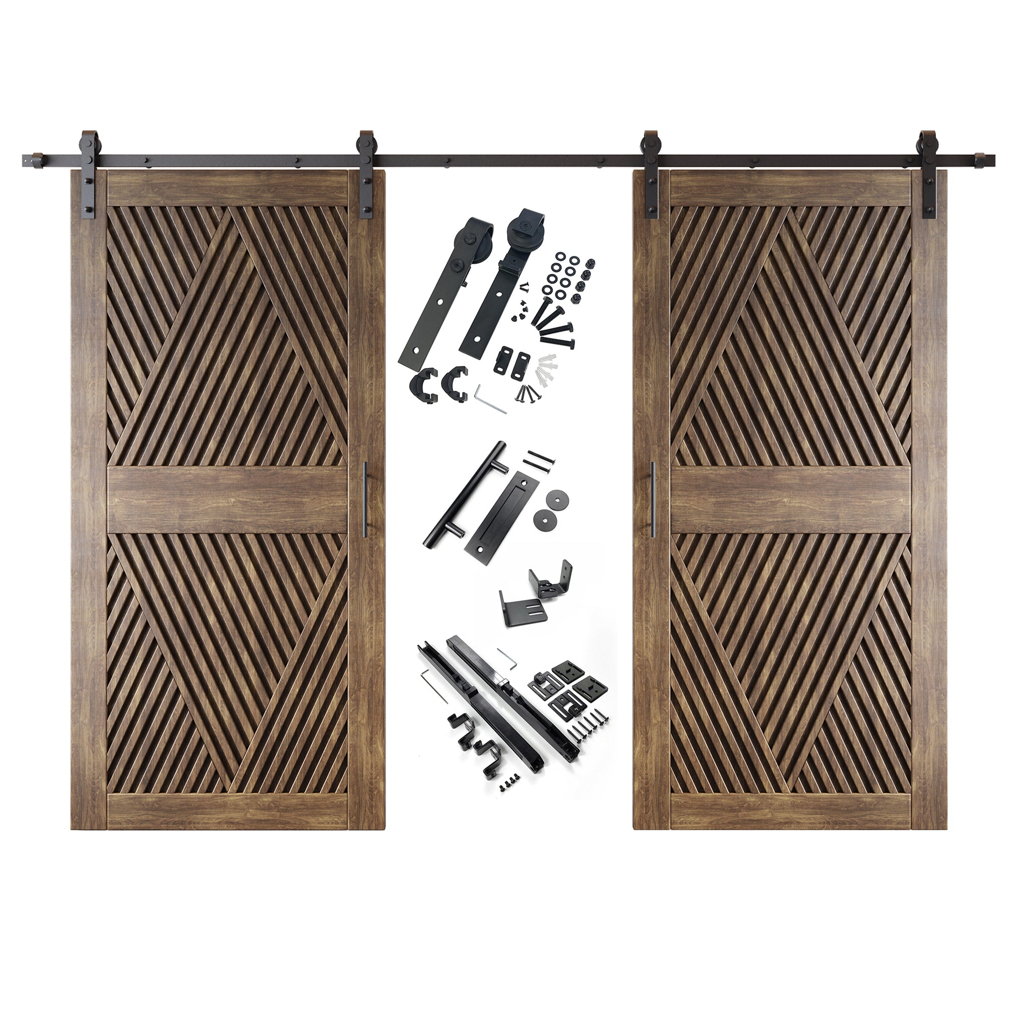 84" Height Dark Walnut Diamond Design Unassembled & Finished Double Pine Wood Barn Door with Non-Bypass Installation Hardware Kit(Interior Use Only)