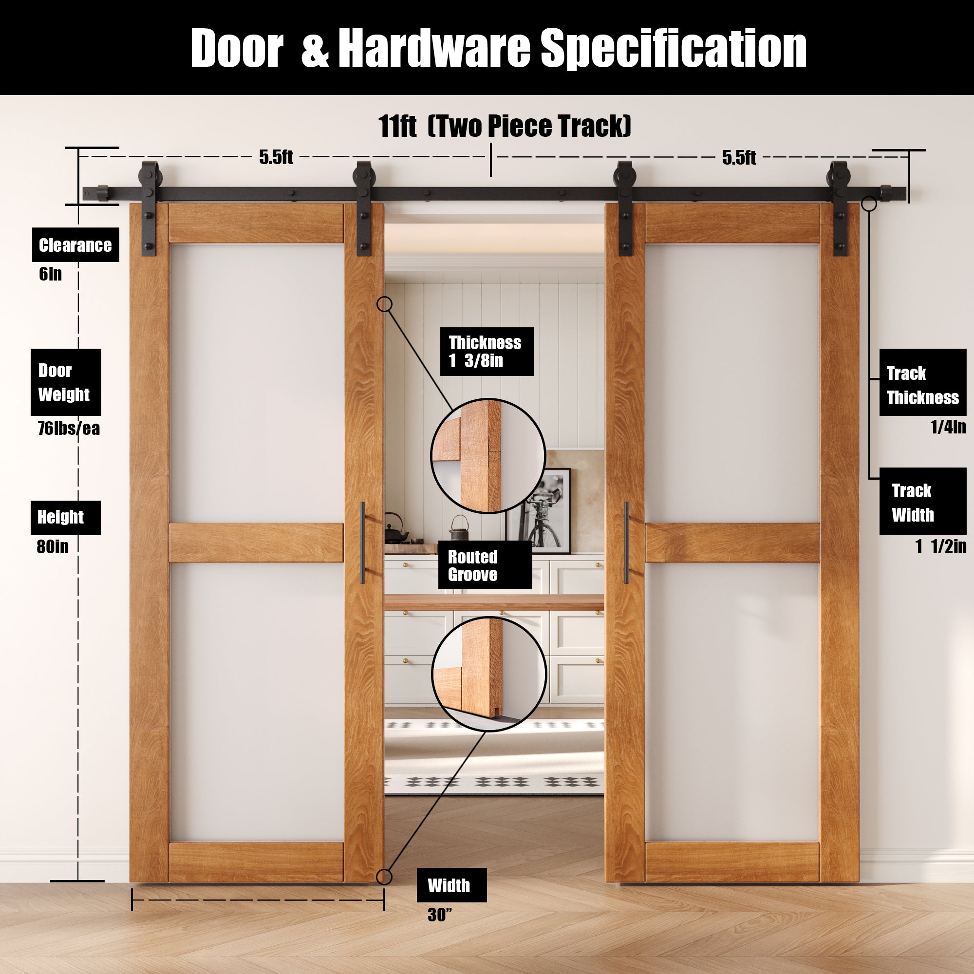 80" Height Early American 2-Lite Frosted Glass Double Unassembled & Finished Pine Wood Barn Doors with Non-Bypass Installation Hardware Kit (Interior Use Only)