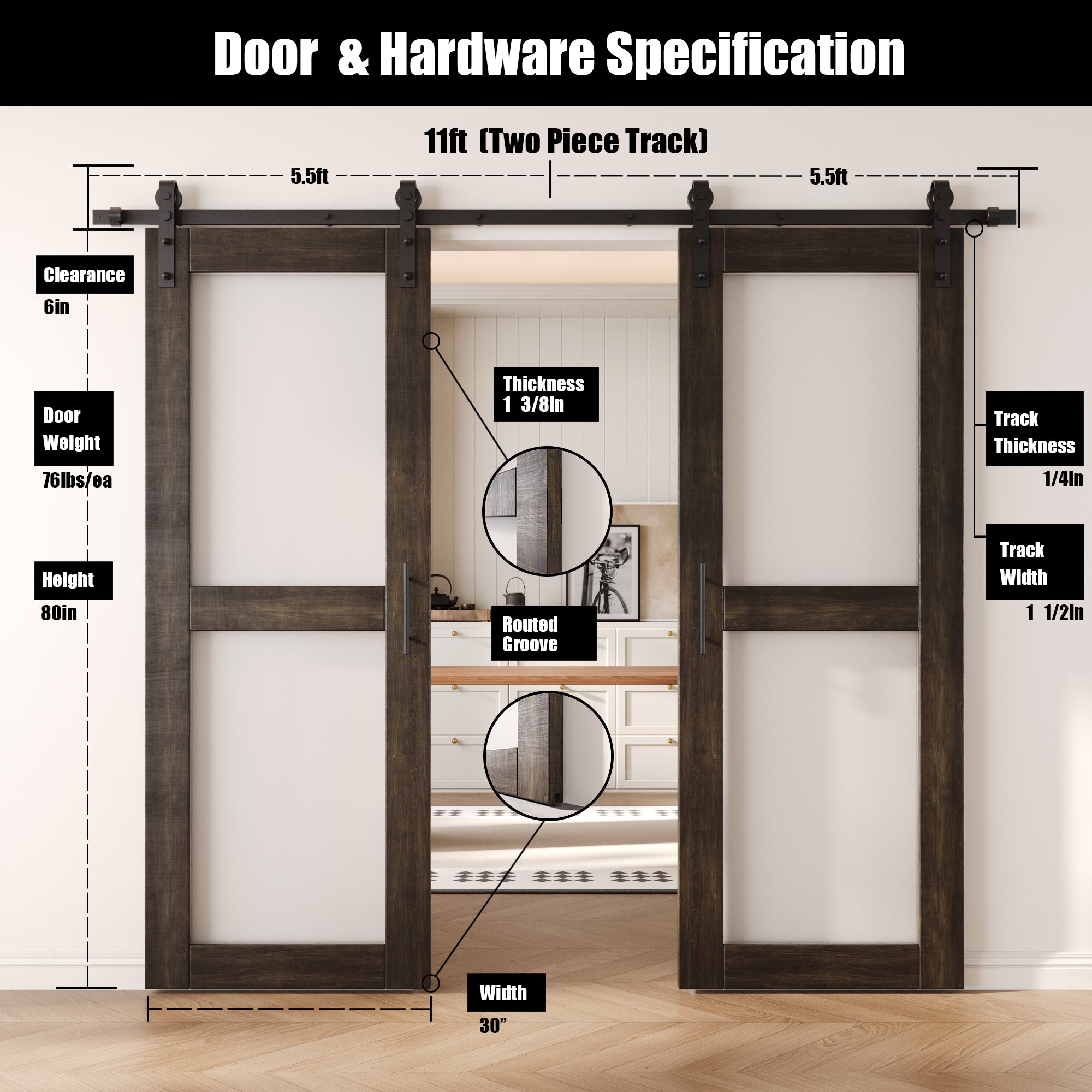 80" Height Ebony 2-Lite Frosted Glass Double Unassembled & Finished Pine Wood Barn Doors with Non-Bypass Installation Hardware Kit (Interior Use Only)
