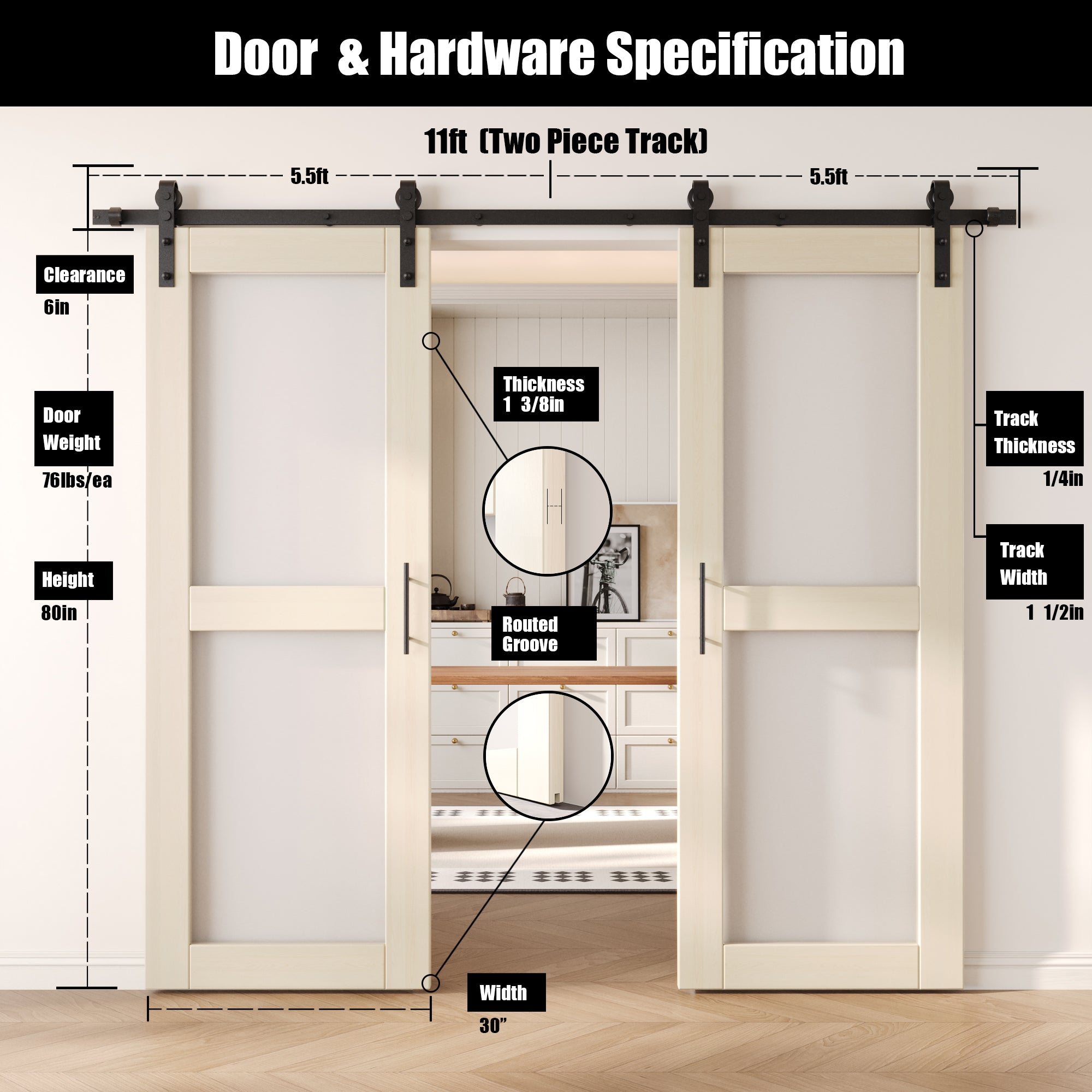 80" Height Tinsmith Gray 2-Lite Frosted Glass Double Unassembled & Finished Pine Wood Barn Doors with Non-Bypass Installation Hardware Kit (Interior Use Only)