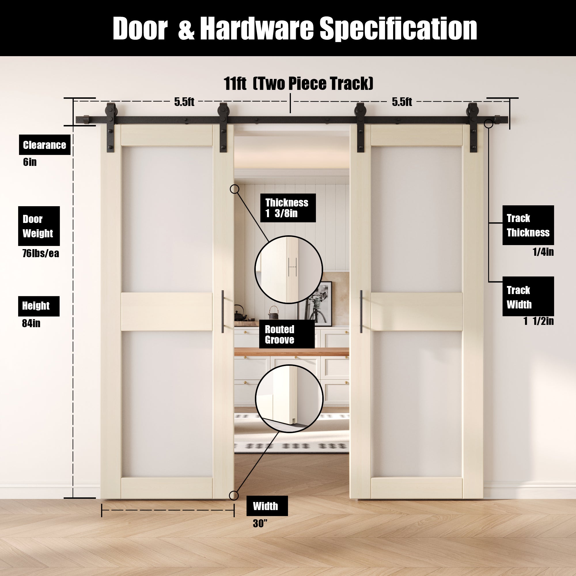 84" Height Tinsmith Gray 2-Lite Frosted Glass Double Unassembled & Finished Pine Wood Barn Doors with Non-Bypass Installation Hardware Kit (Interior Use Only)