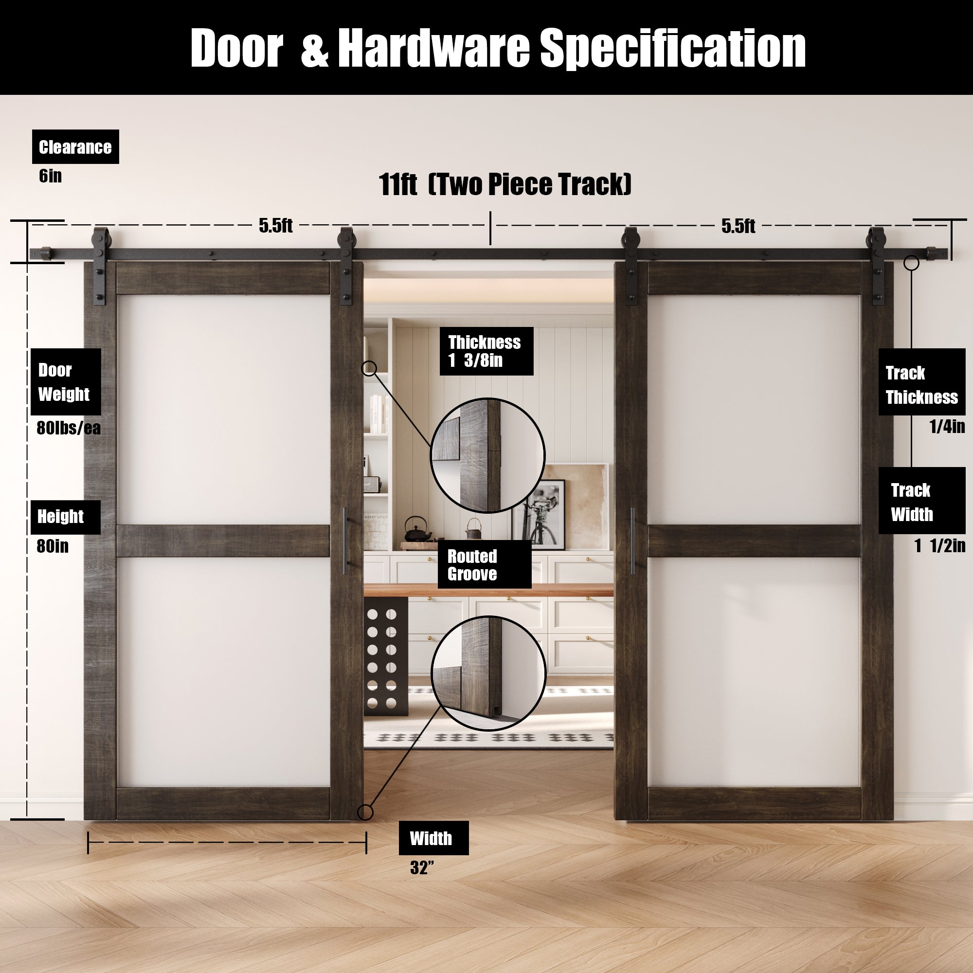 80" Height Ebony 2-Lite Frosted Glass Double Unassembled & Finished Pine Wood Barn Doors with Non-Bypass Installation Hardware Kit (Interior Use Only)