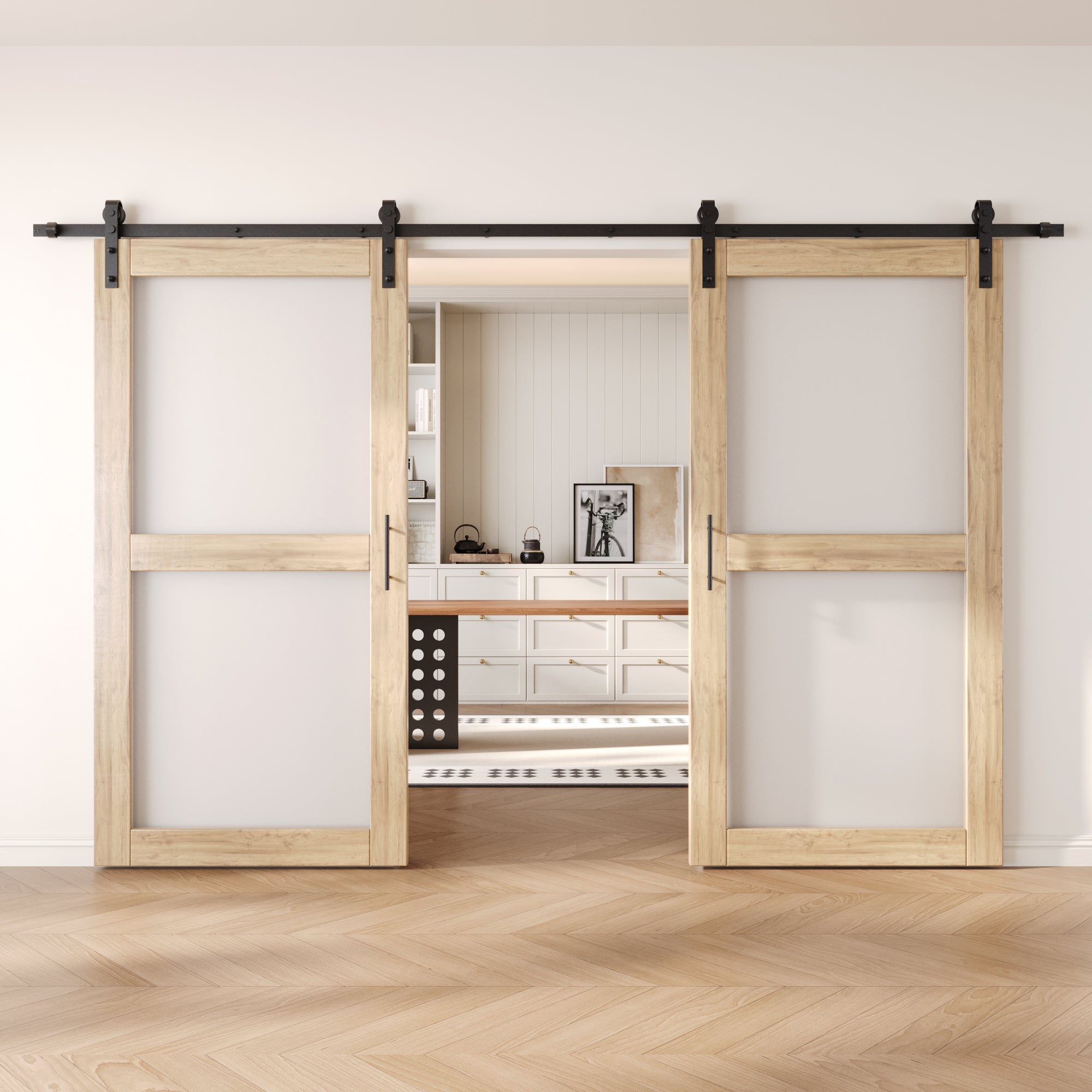 80" Height 2-Lite Frosted Glass Double Unassembled & Unfinished Pine Wood Barn Doors with Non-Bypass Installation Hardware Kit (Interior Use Only)