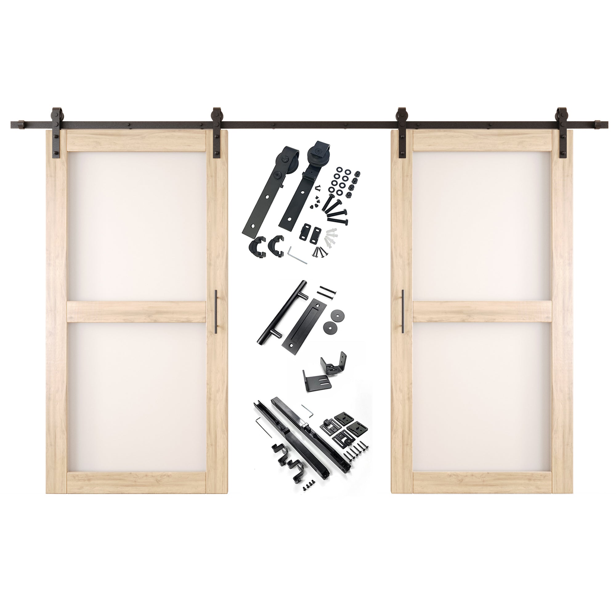 80" Height 2-Lite Frosted Glass Double Unassembled & Unfinished Pine Wood Barn Doors with Non-Bypass Installation Hardware Kit (Interior Use Only)