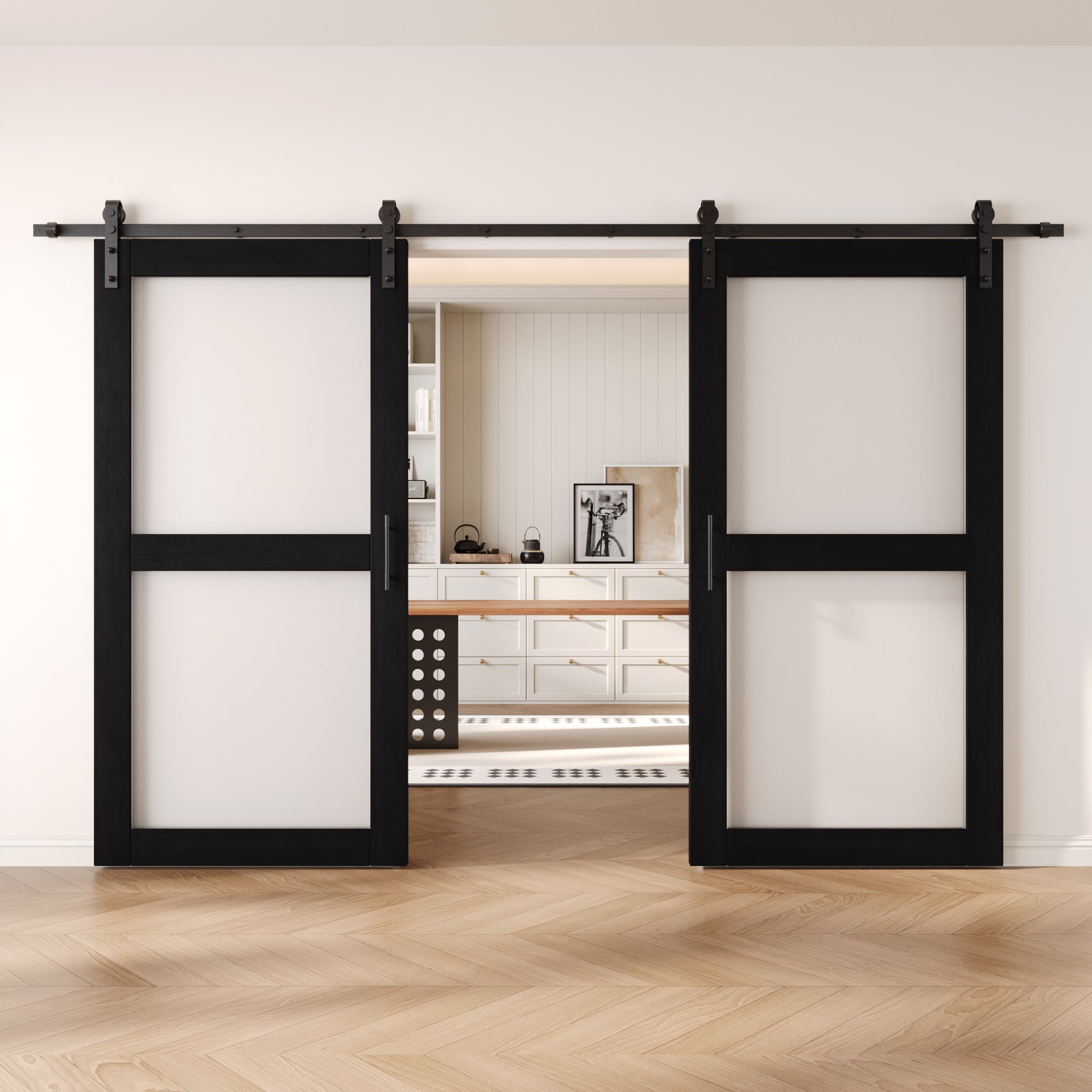 80" Height Black 2-Lite Frosted Glass Double Unassembled & Finished Pine Wood Barn Doors with Non-Bypass Installation Hardware Kit (Interior Use Only)