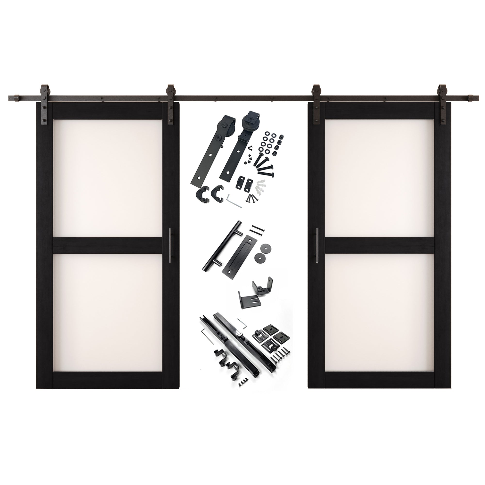 80" Height Black 2-Lite Frosted Glass Double Unassembled & Finished Pine Wood Barn Doors with Non-Bypass Installation Hardware Kit (Interior Use Only)