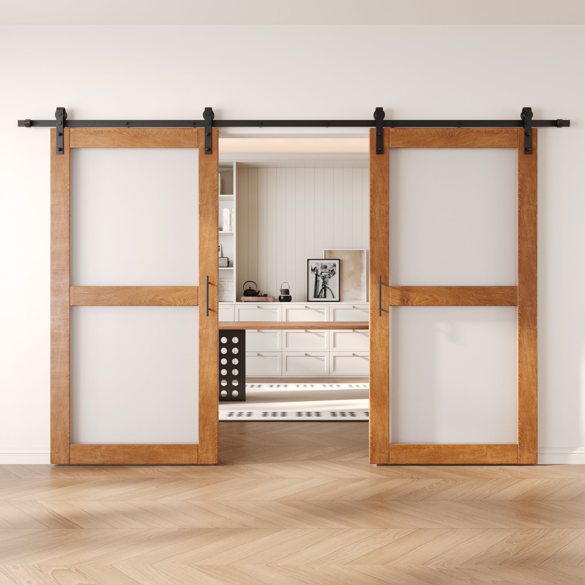 80" Height Early American 2-Lite Frosted Glass Double Unassembled & Finished Pine Wood Barn Doors with Non-Bypass Installation Hardware Kit (Interior Use Only)