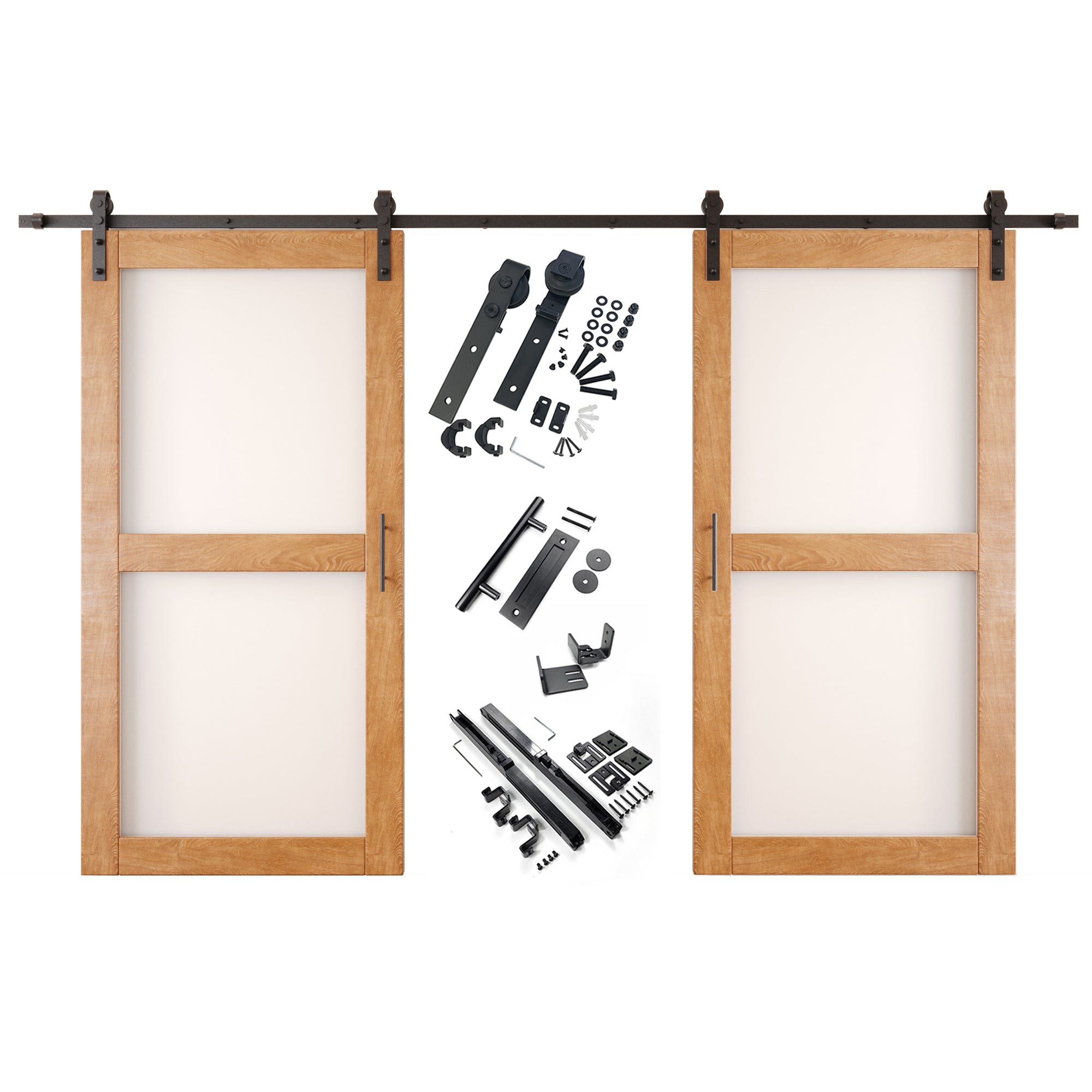 80" Height Early American 2-Lite Frosted Glass Double Unassembled & Finished Pine Wood Barn Doors with Non-Bypass Installation Hardware Kit (Interior Use Only)