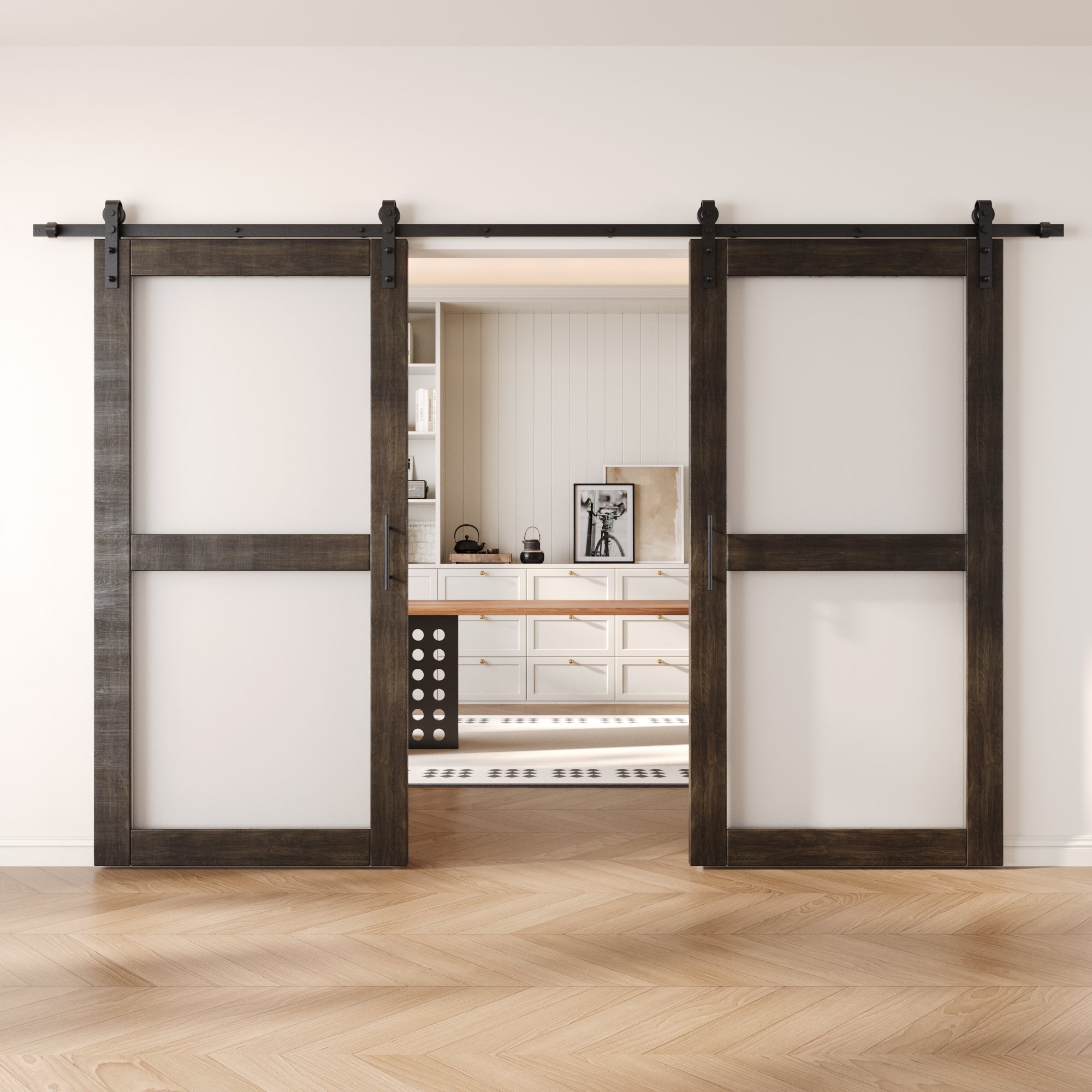 80" Height Ebony 2-Lite Frosted Glass Double Unassembled & Finished Pine Wood Barn Doors with Non-Bypass Installation Hardware Kit (Interior Use Only)