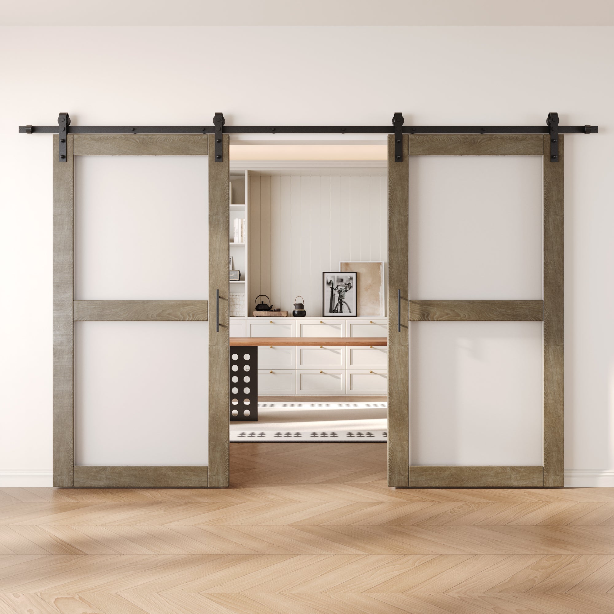 80" Height Classic Gray 2-Lite Frosted Glass Double Unassembled & Finished Pine Wood Barn Doors with Non-Bypass Installation Hardware Kit (Interior Use Only)