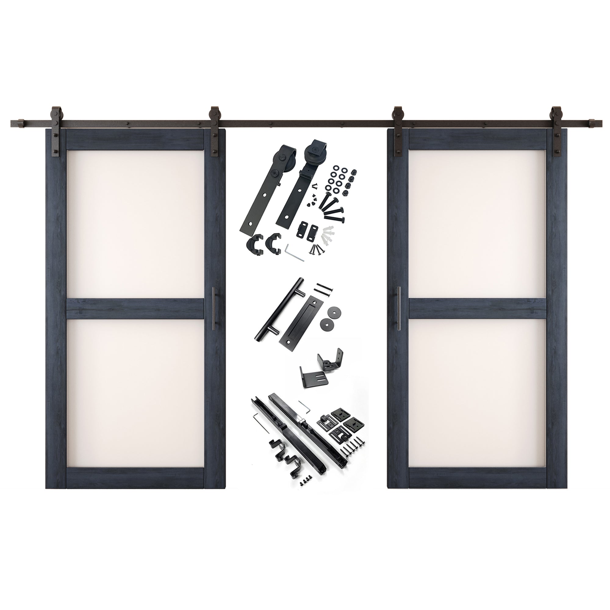 80" Height Navy 2-Lite Frosted Glass Double Unassembled & Finished Pine Wood Barn Doors with Non-Bypass Installation Hardware Kit (Interior Use Only)