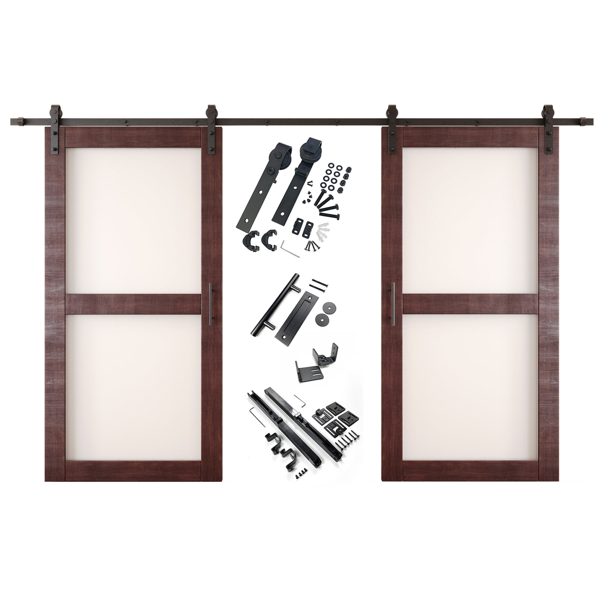 80" Height Red Mahogany 2-Lite Frosted Glass Double Unassembled & Finished Pine Wood Barn Doors with Non-Bypass Installation Hardware Kit (Interior Use Only)
