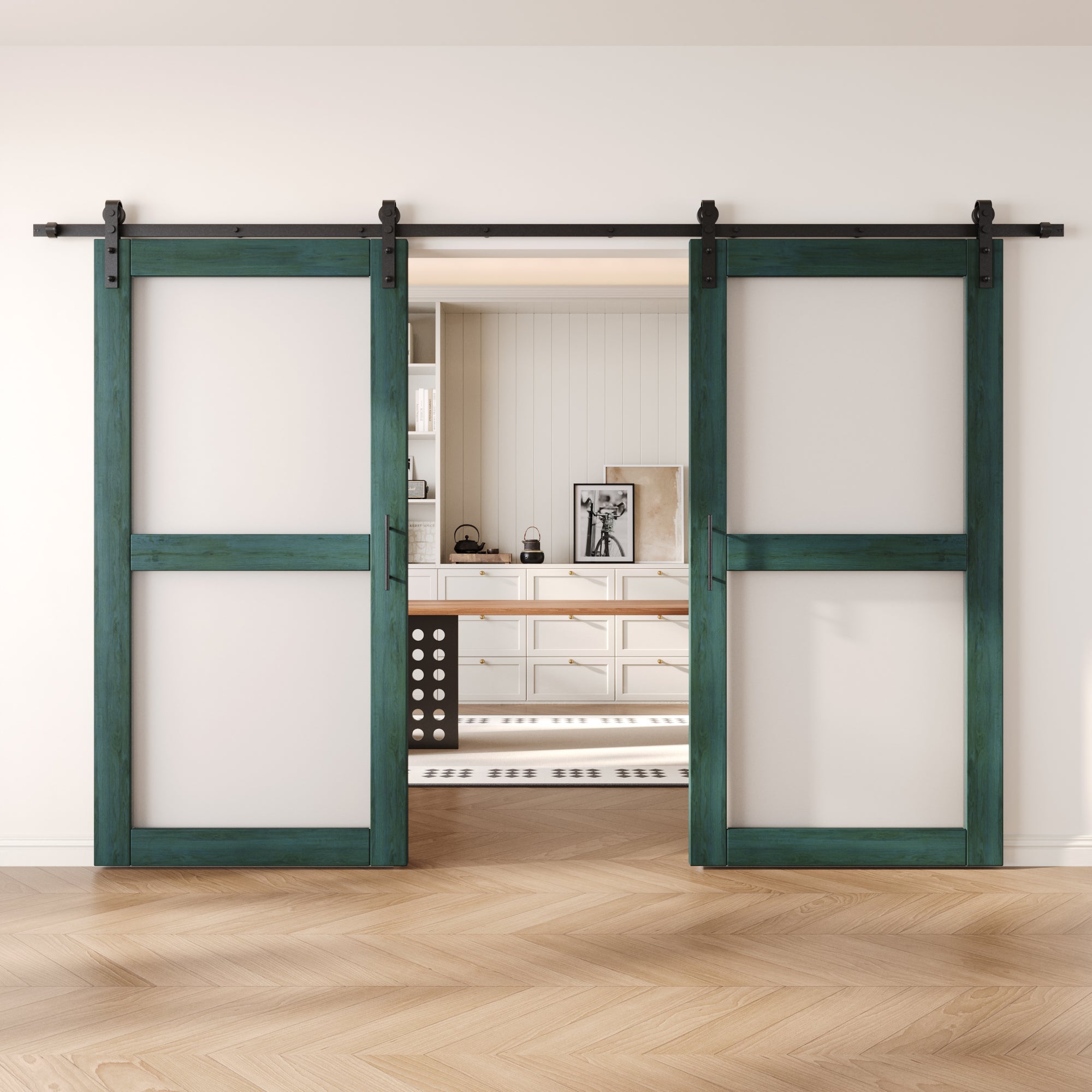80" Height Royal Pine 2-Lite Frosted Glass Double Unassembled & Finished Pine Wood Barn Doors with Non-Bypass Installation Hardware Kit (Interior Use Only)