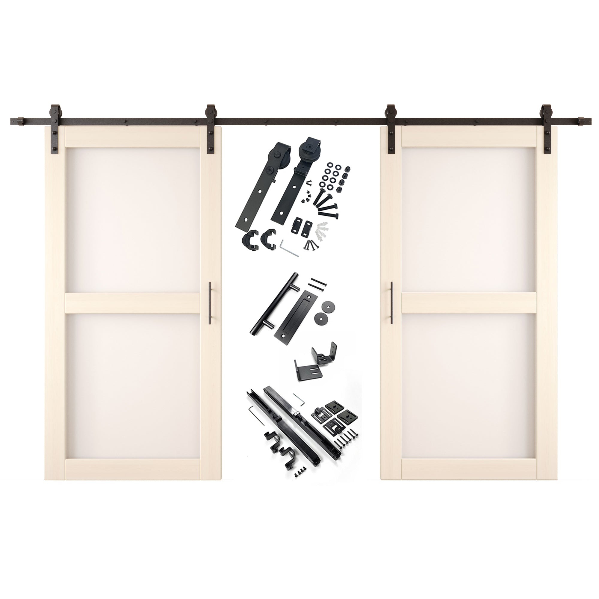 80" Height Tinsmith Gray 2-Lite Frosted Glass Double Unassembled & Finished Pine Wood Barn Doors with Non-Bypass Installation Hardware Kit (Interior Use Only)