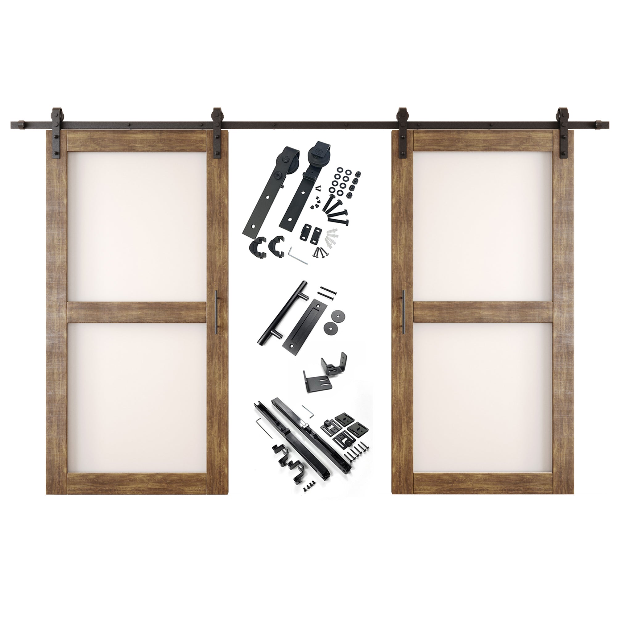 80" Height Dark Walnut 2-Lite Frosted Glass Double Unassembled & Finished Pine Wood Barn Doors with Non-Bypass Installation Hardware Kit (Interior Use Only)