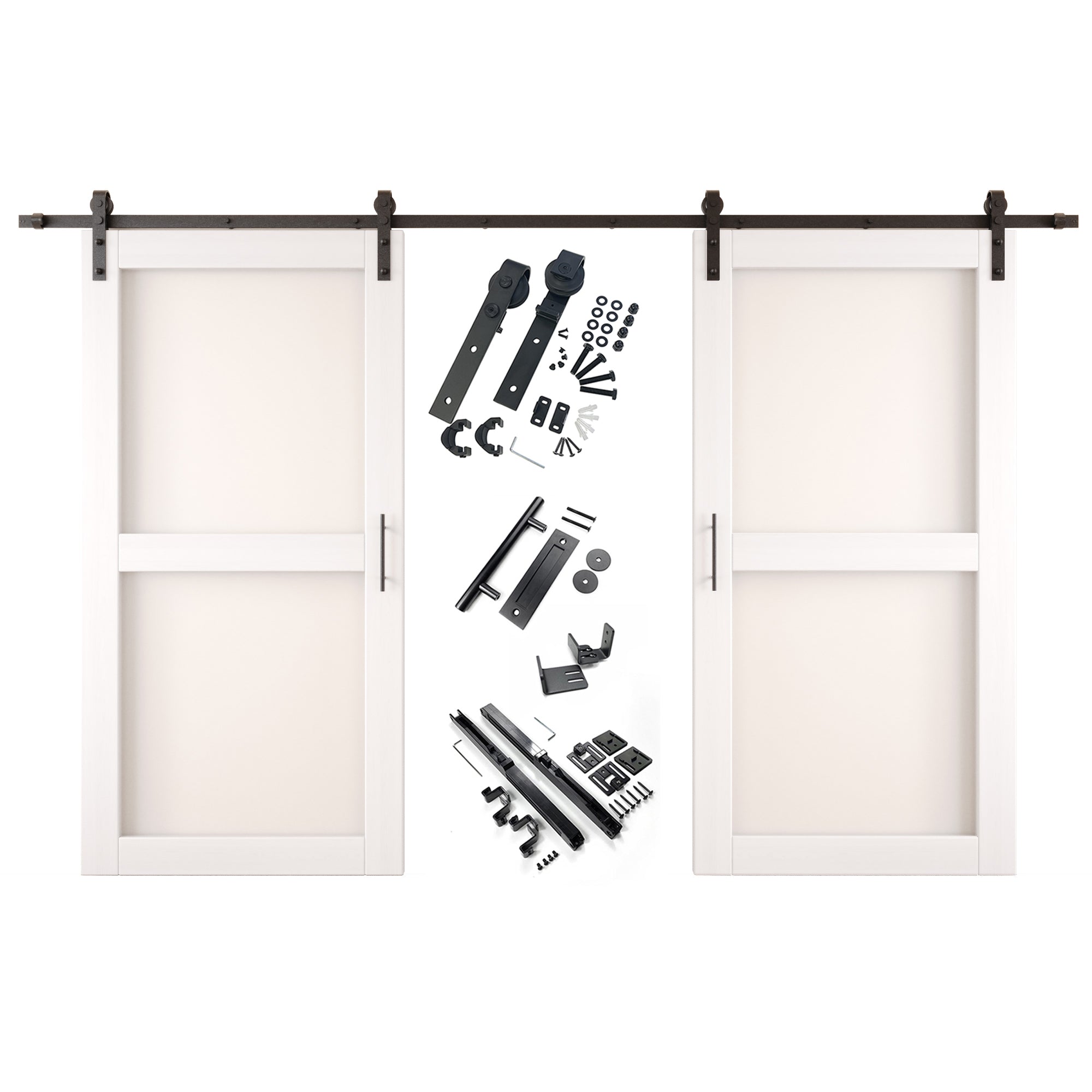 80" Height White 2-Lite Frosted Glass Double Unassembled & Finished Pine Wood Barn Doors with Non-Bypass Installation Hardware Kit (Interior Use Only)