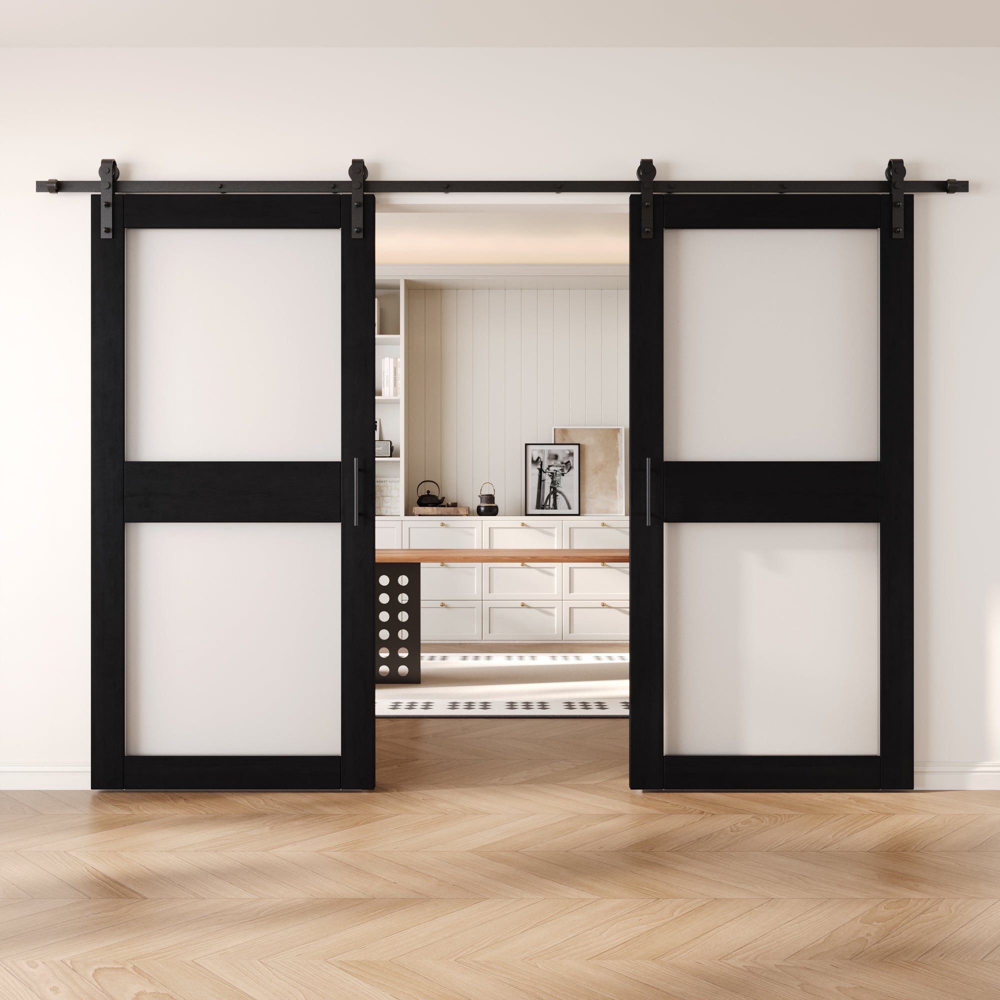 84" Height Black 2-Lite Frosted Glass Double Unassembled & Finished Pine Wood Barn Doors with Non-Bypass Installation Hardware Kit (Interior Use Only)