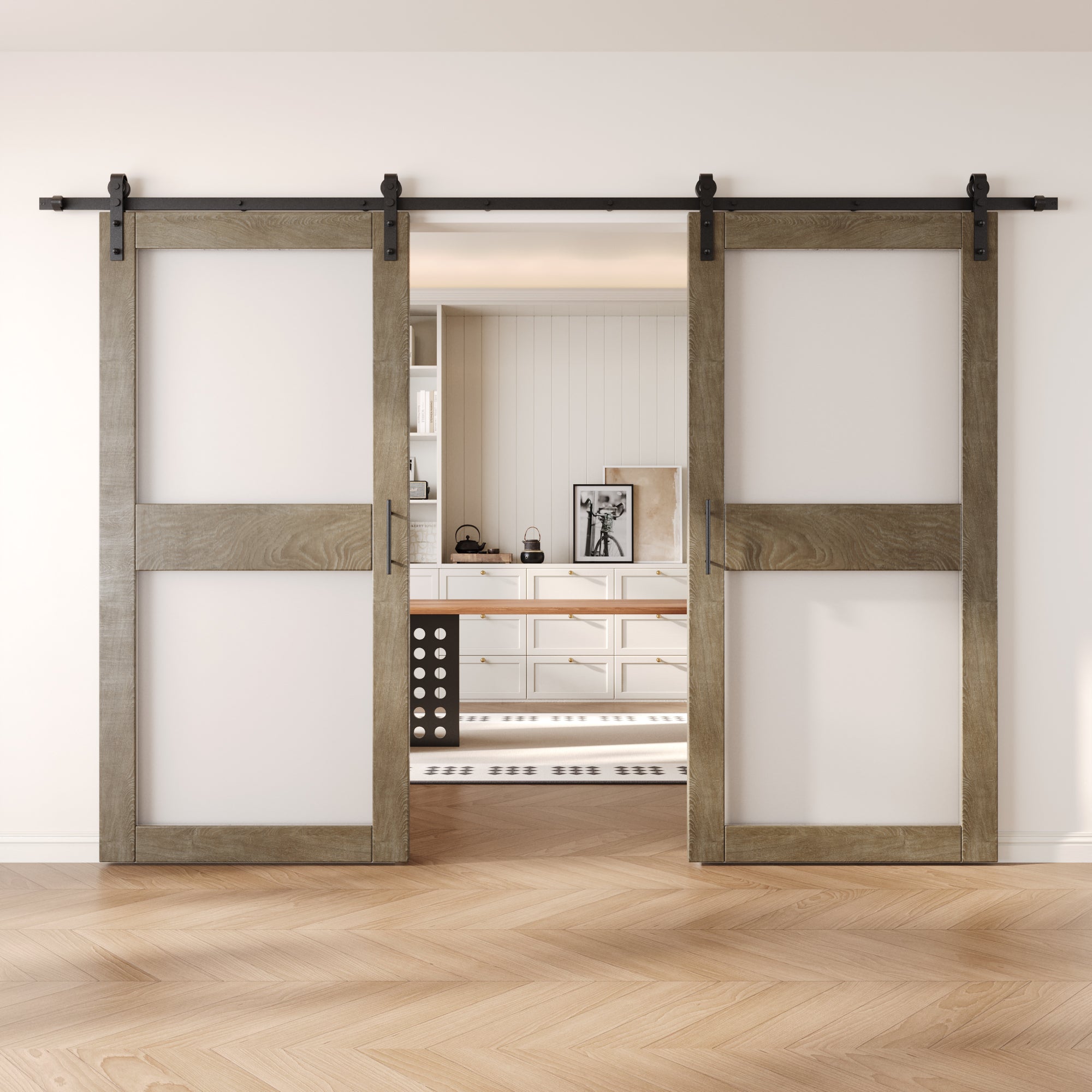 84" Height Classic Gray 2-Lite Frosted Glass Double Unassembled & Finished Pine Wood Barn Doors with Non-Bypass Installation Hardware Kit (Interior Use Only)