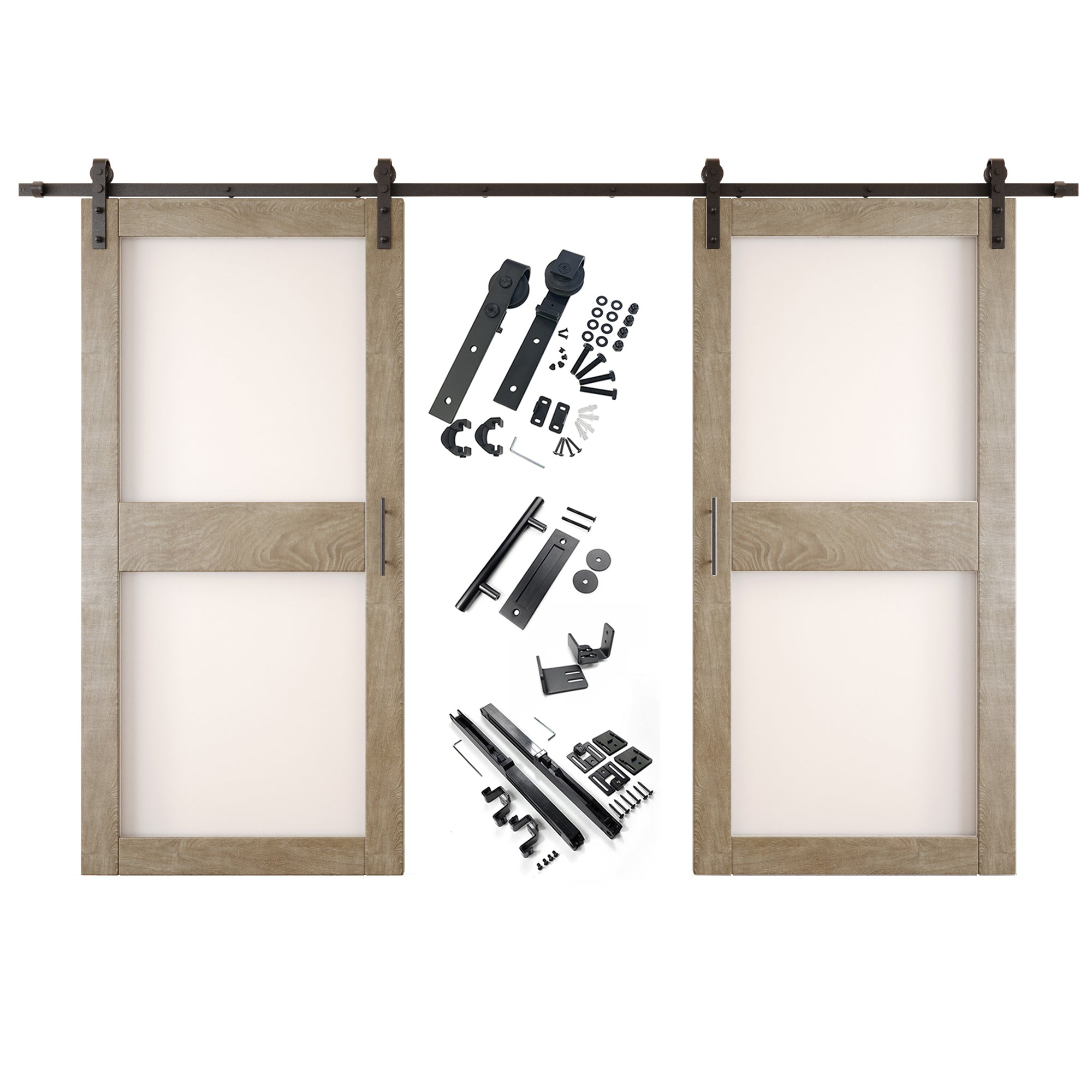 84" Height Classic Gray 2-Lite Frosted Glass Double Unassembled & Finished Pine Wood Barn Doors with Non-Bypass Installation Hardware Kit (Interior Use Only)