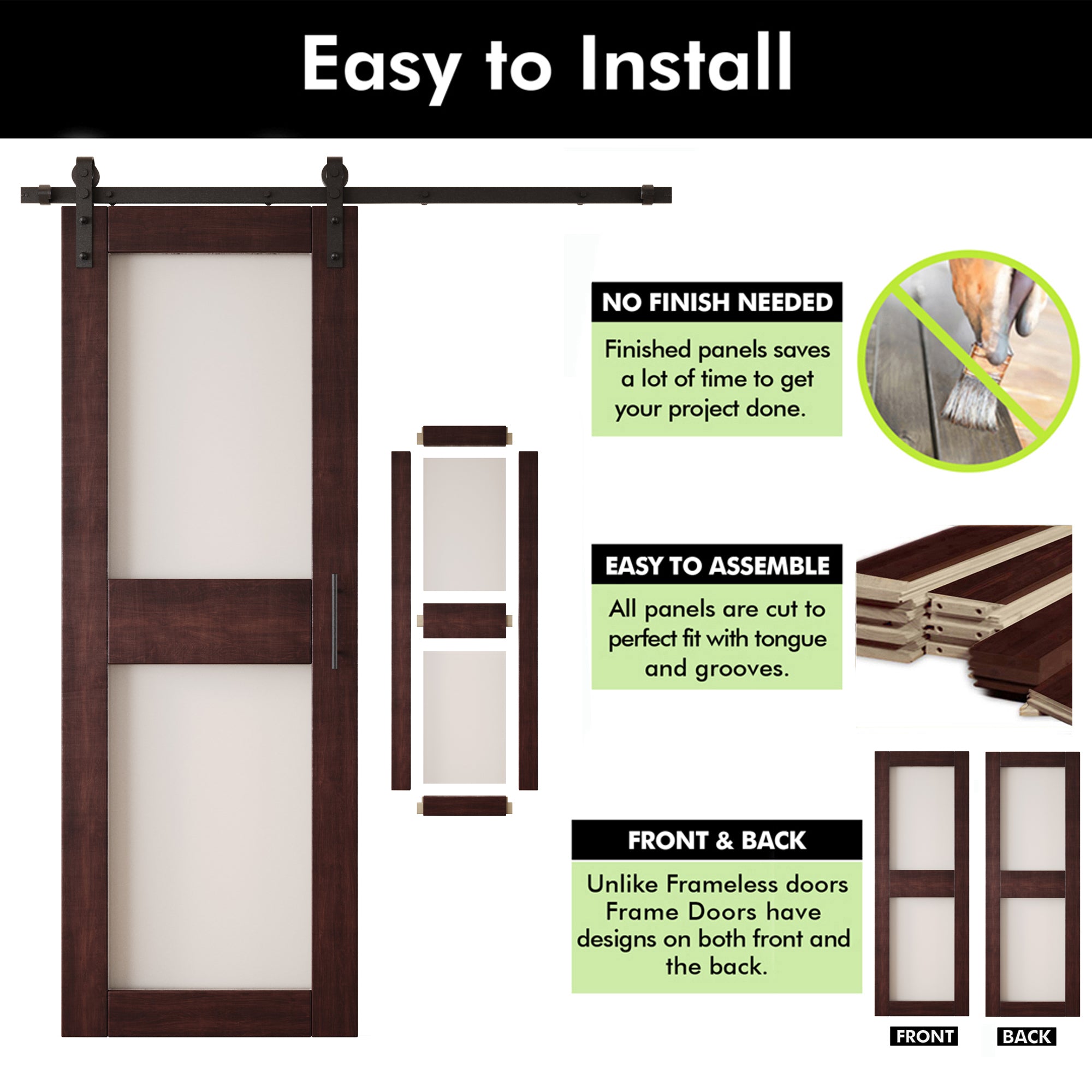 84" Height Red Mahogany 2-Lite Frosted Glass Double Unassembled & Finished Pine Wood Barn Doors with Non-Bypass Installation Hardware Kit (Interior Use Only)