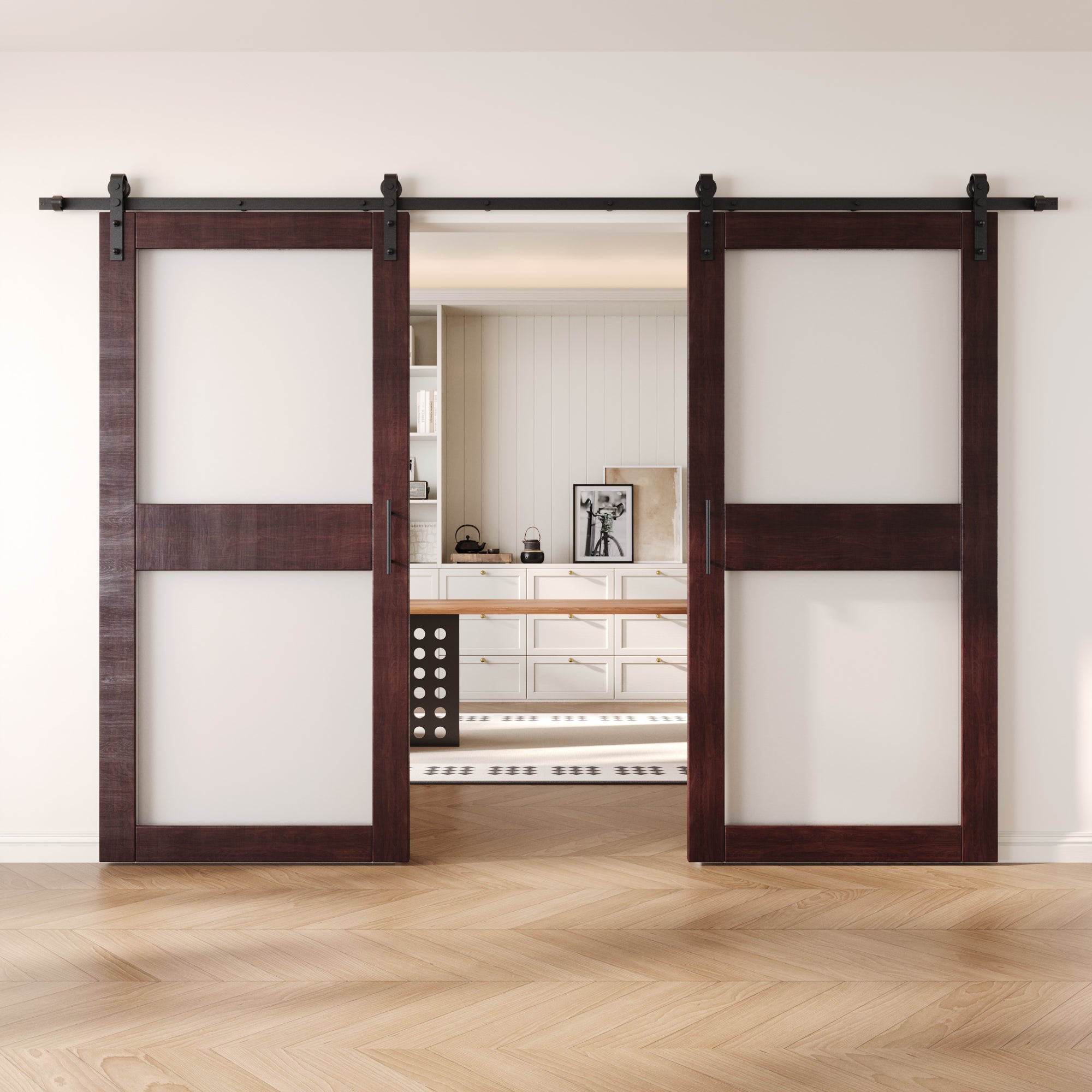 84" Height Red Mahogany 2-Lite Frosted Glass Double Unassembled & Finished Pine Wood Barn Doors with Non-Bypass Installation Hardware Kit (Interior Use Only)