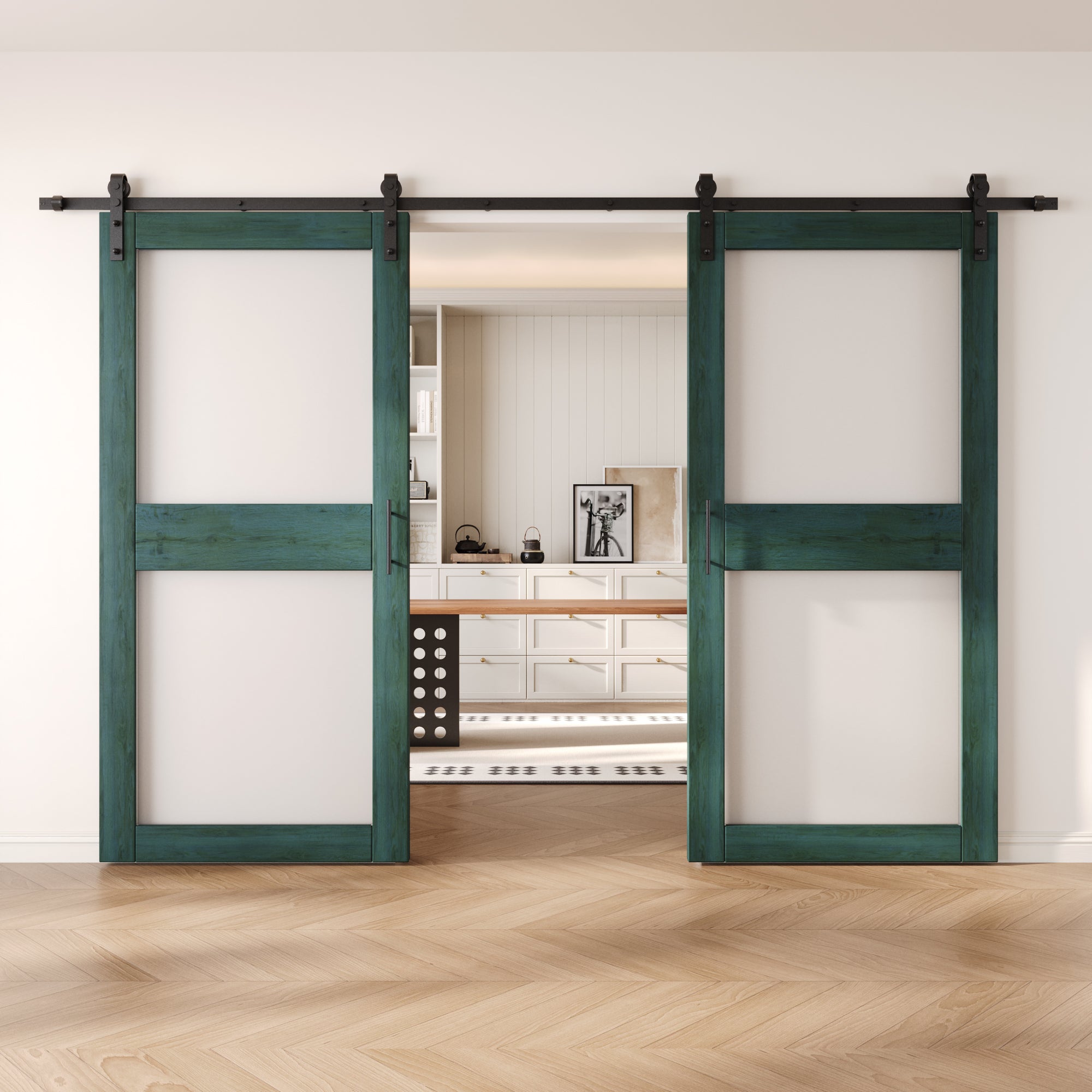 84" Height Royal Pine 2-Lite Frosted Glass Double Unassembled & Finished Pine Wood Barn Doors with Non-Bypass Installation Hardware Kit (Interior Use Only)