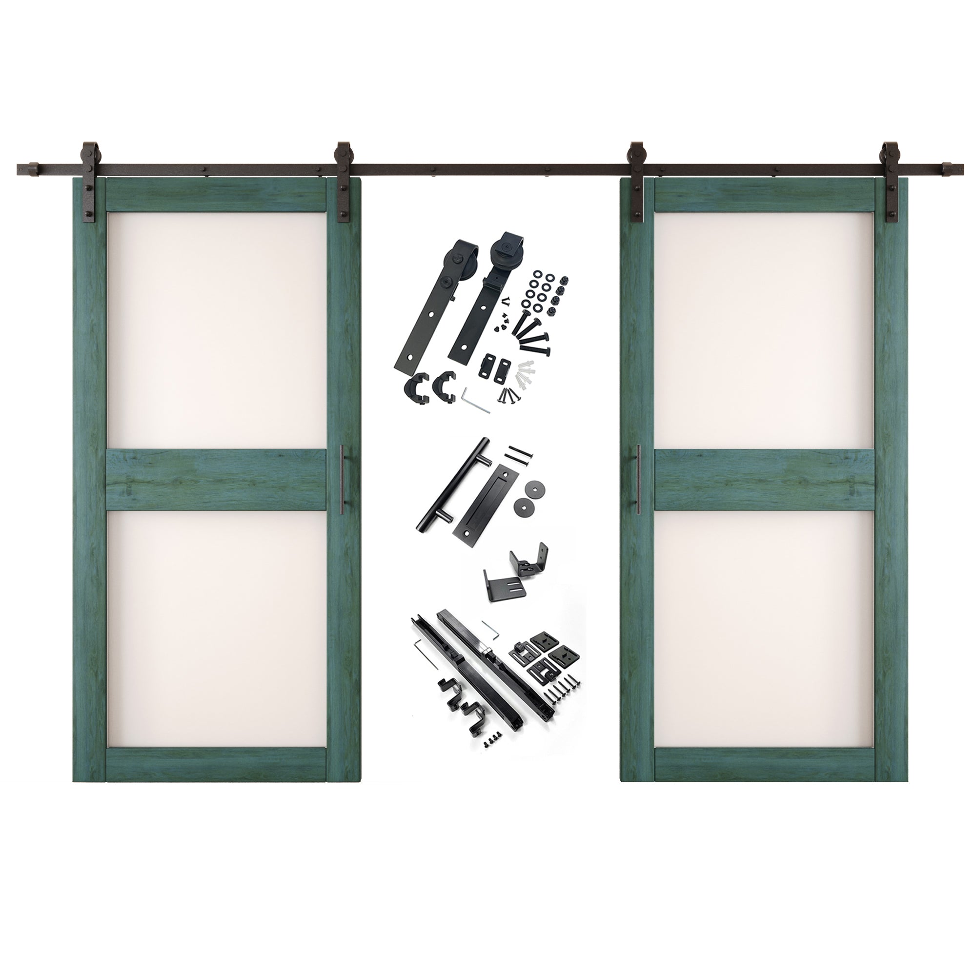 84" Height Royal Pine 2-Lite Frosted Glass Double Unassembled & Finished Pine Wood Barn Doors with Non-Bypass Installation Hardware Kit (Interior Use Only)