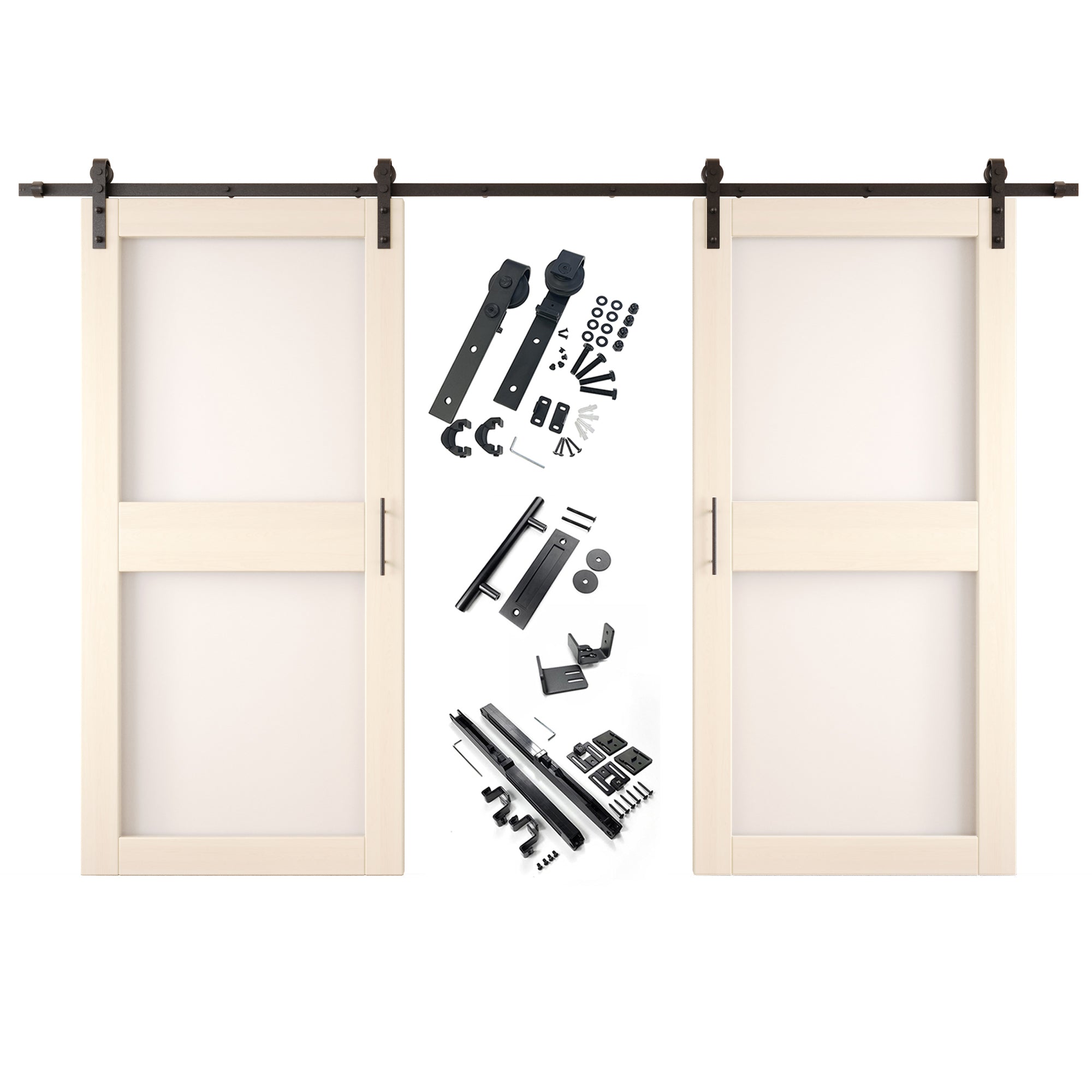 84" Height Tinsmith Gray 2-Lite Frosted Glass Double Unassembled & Finished Pine Wood Barn Doors with Non-Bypass Installation Hardware Kit (Interior Use Only)