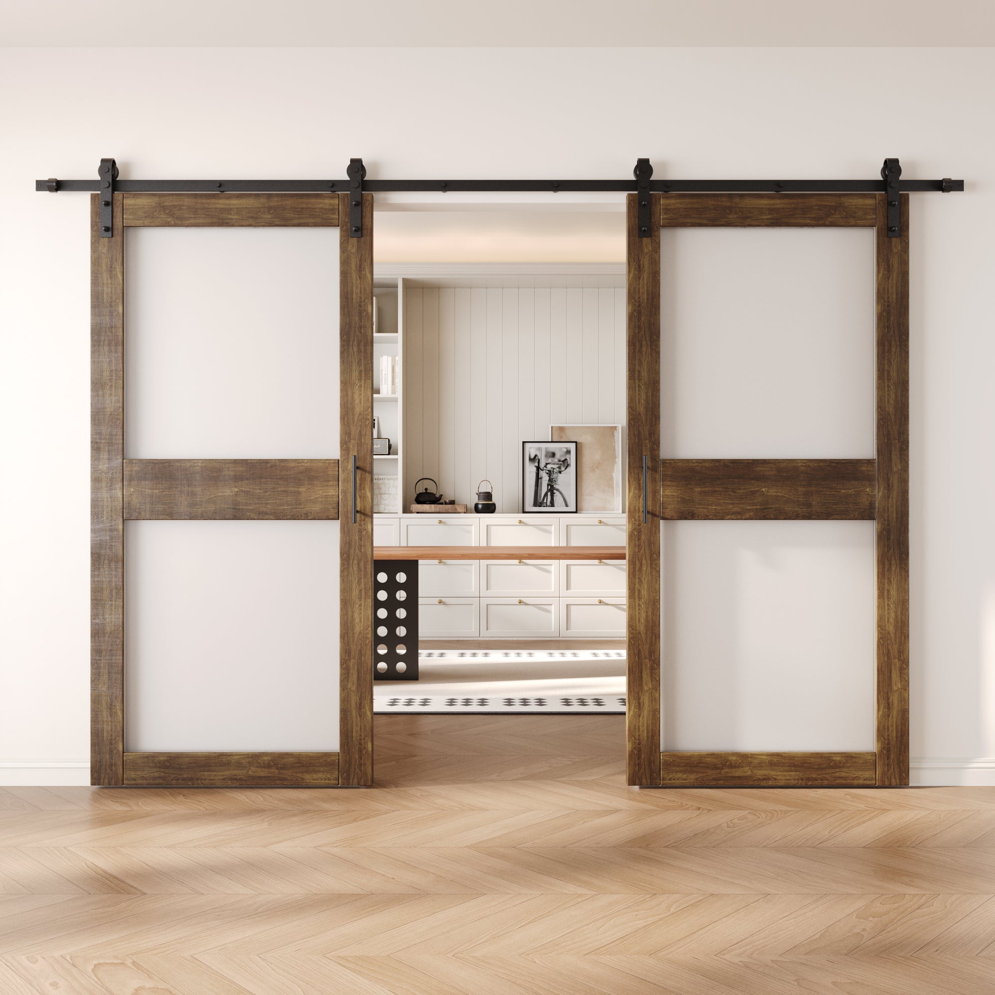 84" Height Dark Walnut 2-Lite Frosted Glass Double Unassembled & Finished Pine Wood Barn Doors with Non-Bypass Installation Hardware Kit (Interior Use Only)