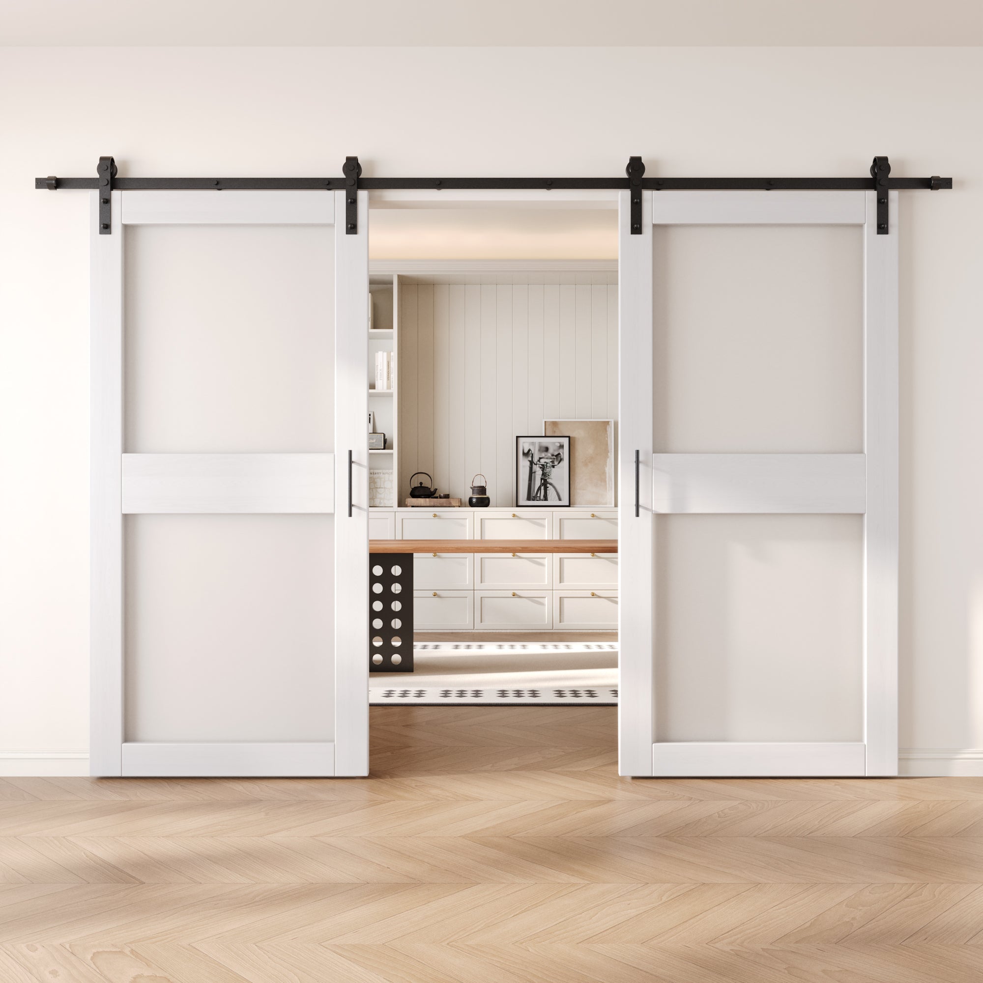 84" Height White 2-Lite Frosted Glass Double Unassembled & Finished Pine Wood Barn Doors with Non-Bypass Installation Hardware Kit (Interior Use Only)