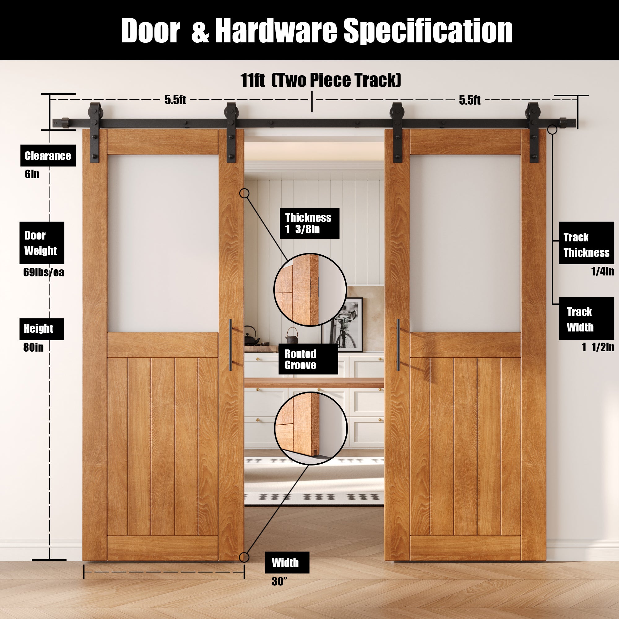 80" Height Early American Half Lite Frosted Glass Double Unassembled & Finished Pine Wood Barn Door with Non-Bypass Installation Hardware Kit (Interior Use Only)