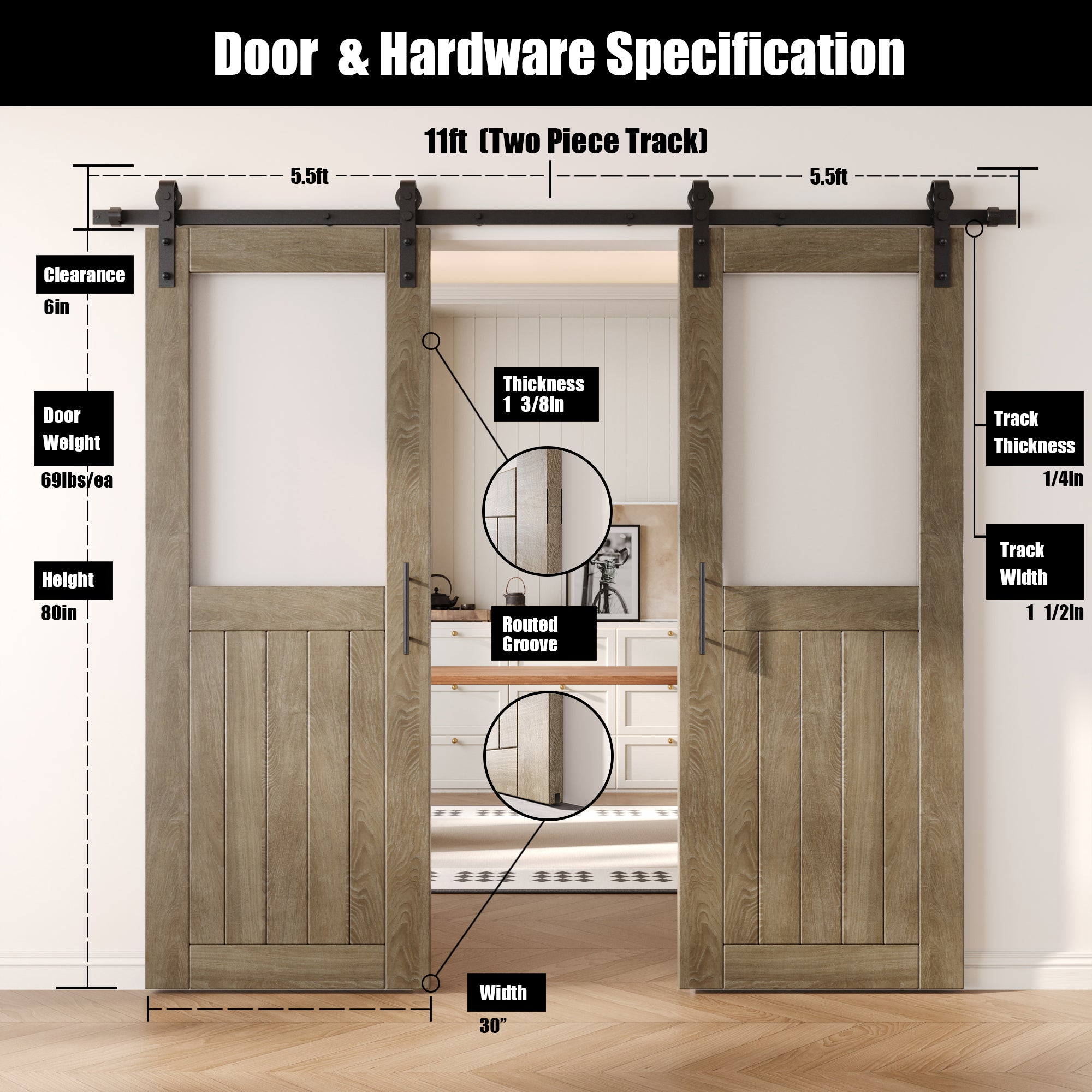 80" Height Classic Gray Half Lite Frosted Glass Double Unassembled & Finished Pine Wood Barn Door with Non-Bypass Installation Hardware Kit (Interior Use Only)