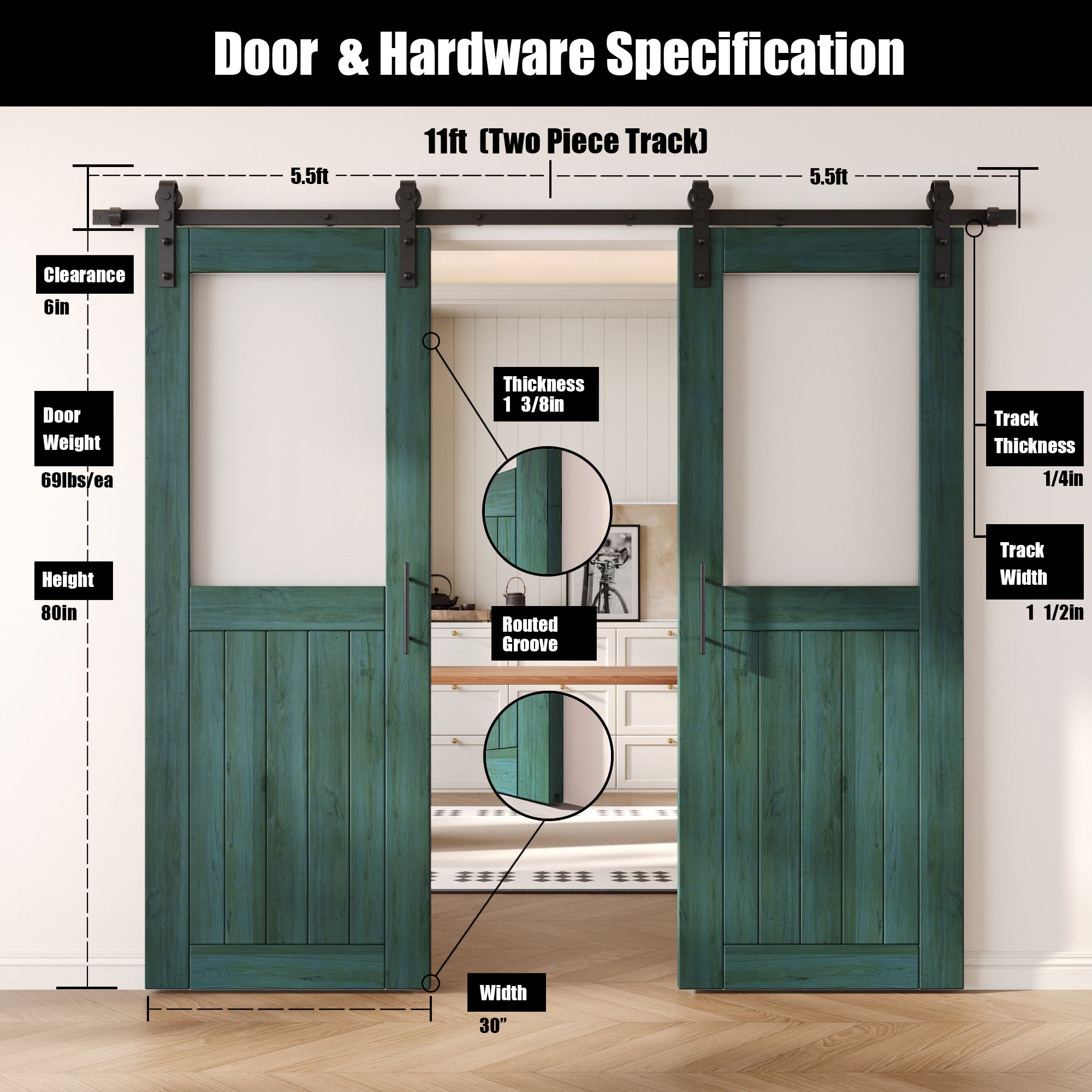 80" Height Royal Pine Half Lite Frosted Glass Double Unassembled & Finished Pine Wood Barn Door with Non-Bypass Installation Hardware Kit (Interior Use Only)