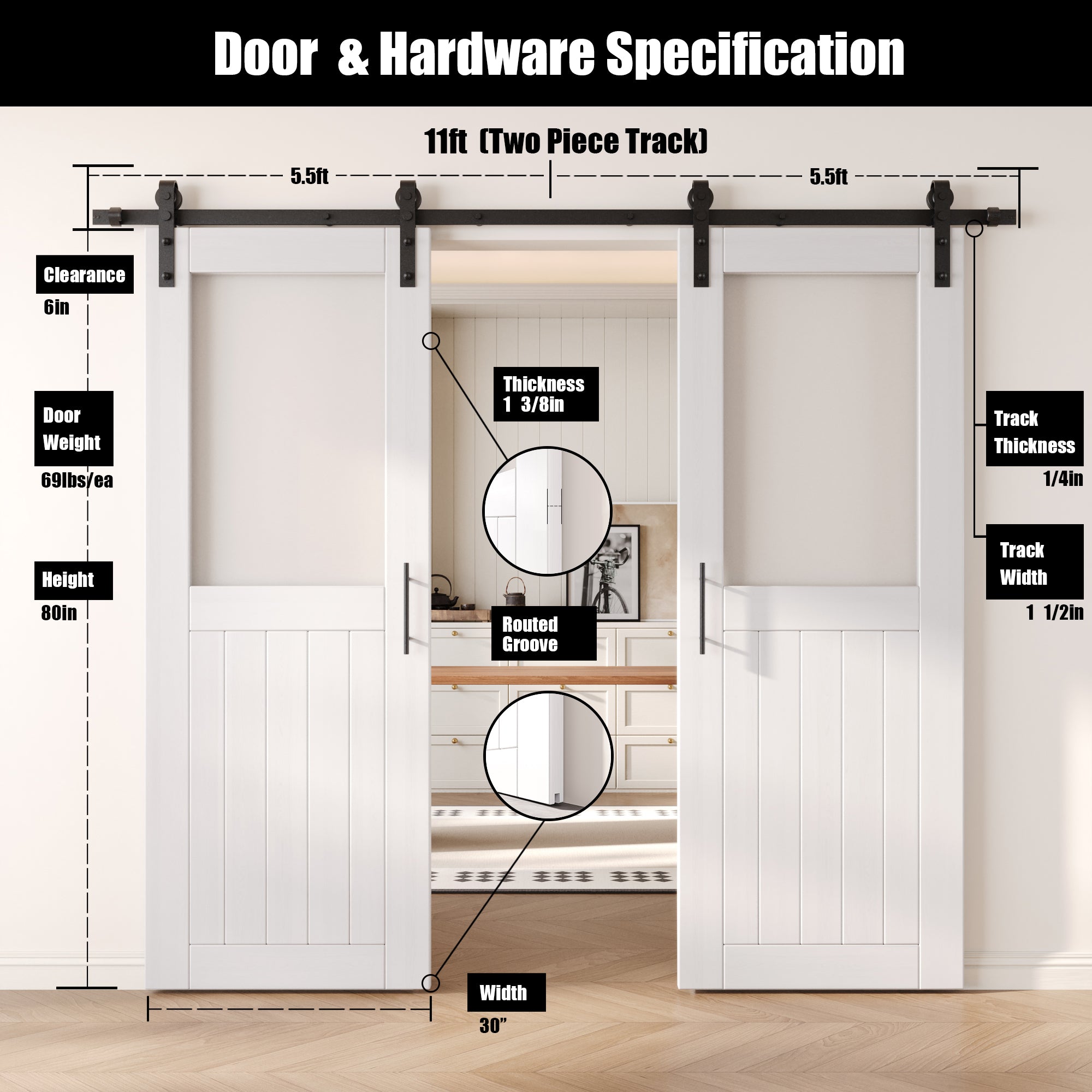 80" Height White Half Lite Frosted Glass Double Unassembled & Finished Pine Wood Barn Door with Non-Bypass Installation Hardware Kit (Interior Use Only)